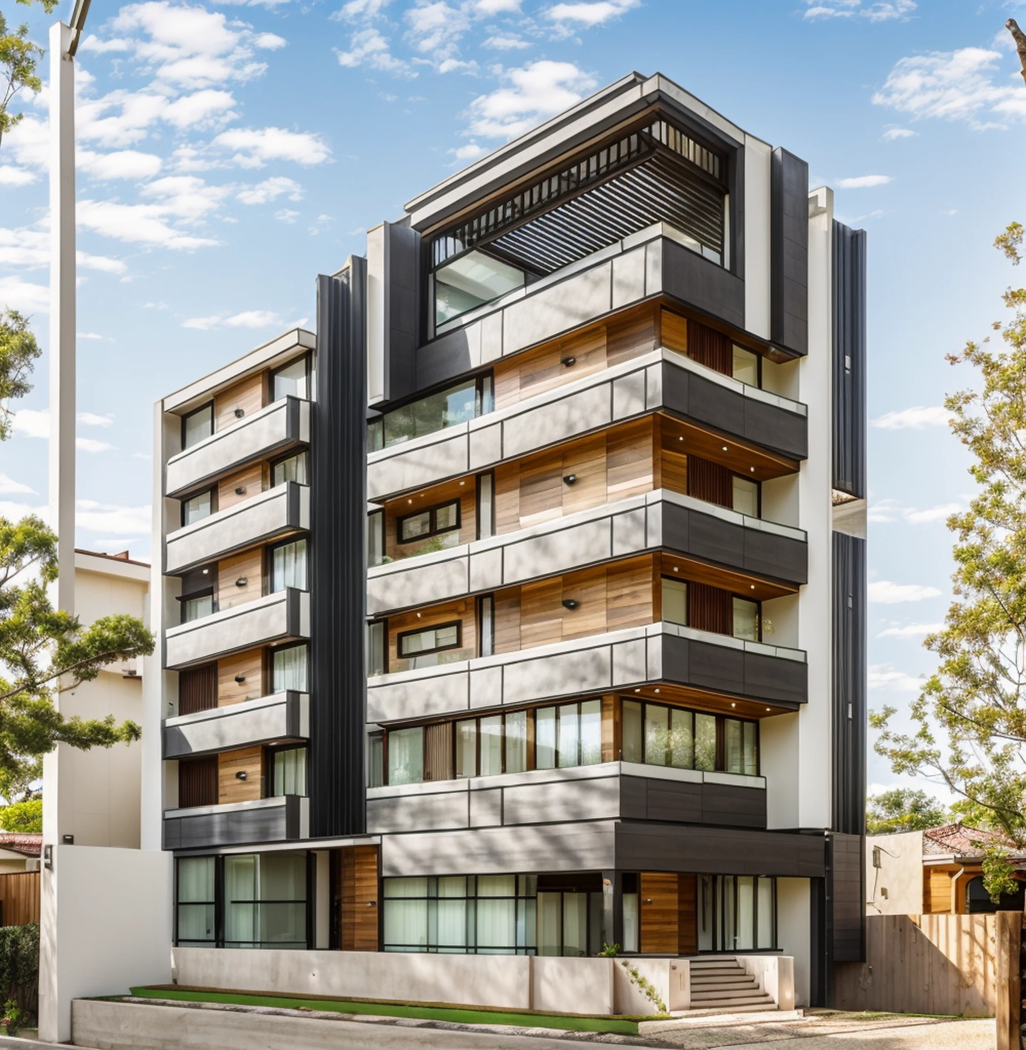 Exterior house on street road, paverment, contemporary style, masterpiece, high quality, daylight, sunny