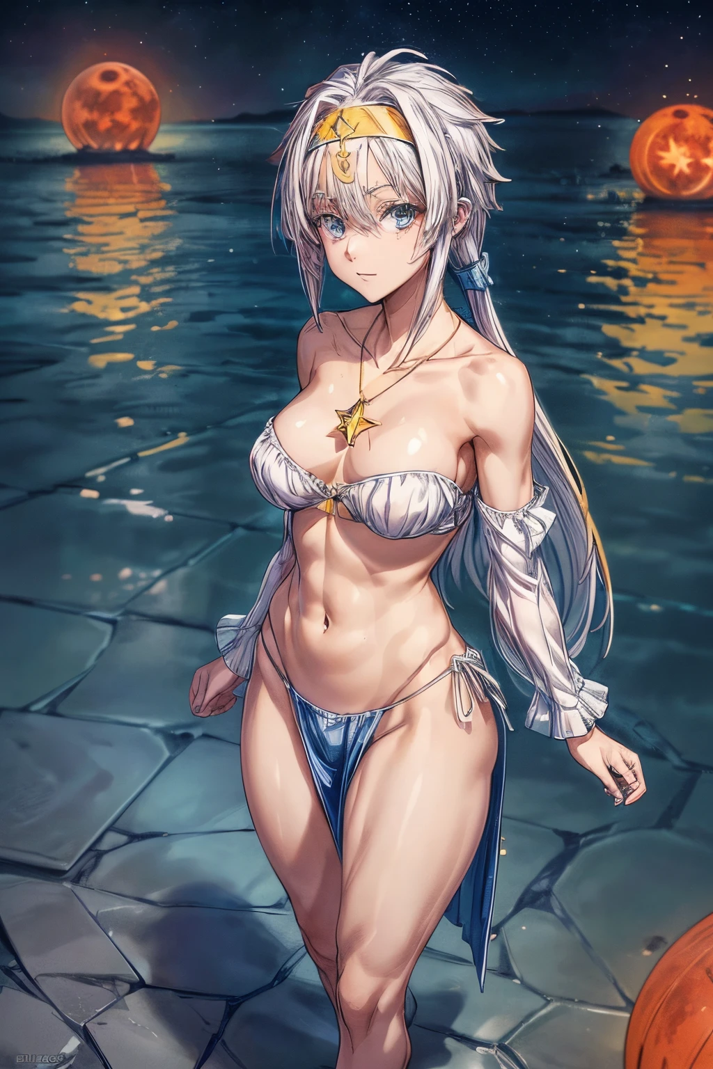 (1 girl), (((Velzard de tensei shitara slime datta ken))), Ela tem pele clara, olhos da cor de diamantes azuis e longos, cabelos brilhantes, pearl white, extending to the waist, (((She wears a blue star-shaped pendant and a gold headband.))), (wears a very short black bikini), seios grandes, thin arms, (barriga musculosa), (((pernas musculosas))),(Standing), cintura fina, bare feet and very detailed, beautiful feet and well-shaped toes, (((beach night scene with starry sky and blood moon in the sky))), (cabelos presos em rabos de cavalo duplos), olhos vazios, olhos vazios, olhos vazios, eye reflection, olhos brilhantes, mau humor, anime, estilo anime, ray tracing, Cinematic lighting, panorama, Sony FE, UHD, master part, anatomicamente correto, Super Detalhe, alta qualidade, best quality, high resolution, 16k