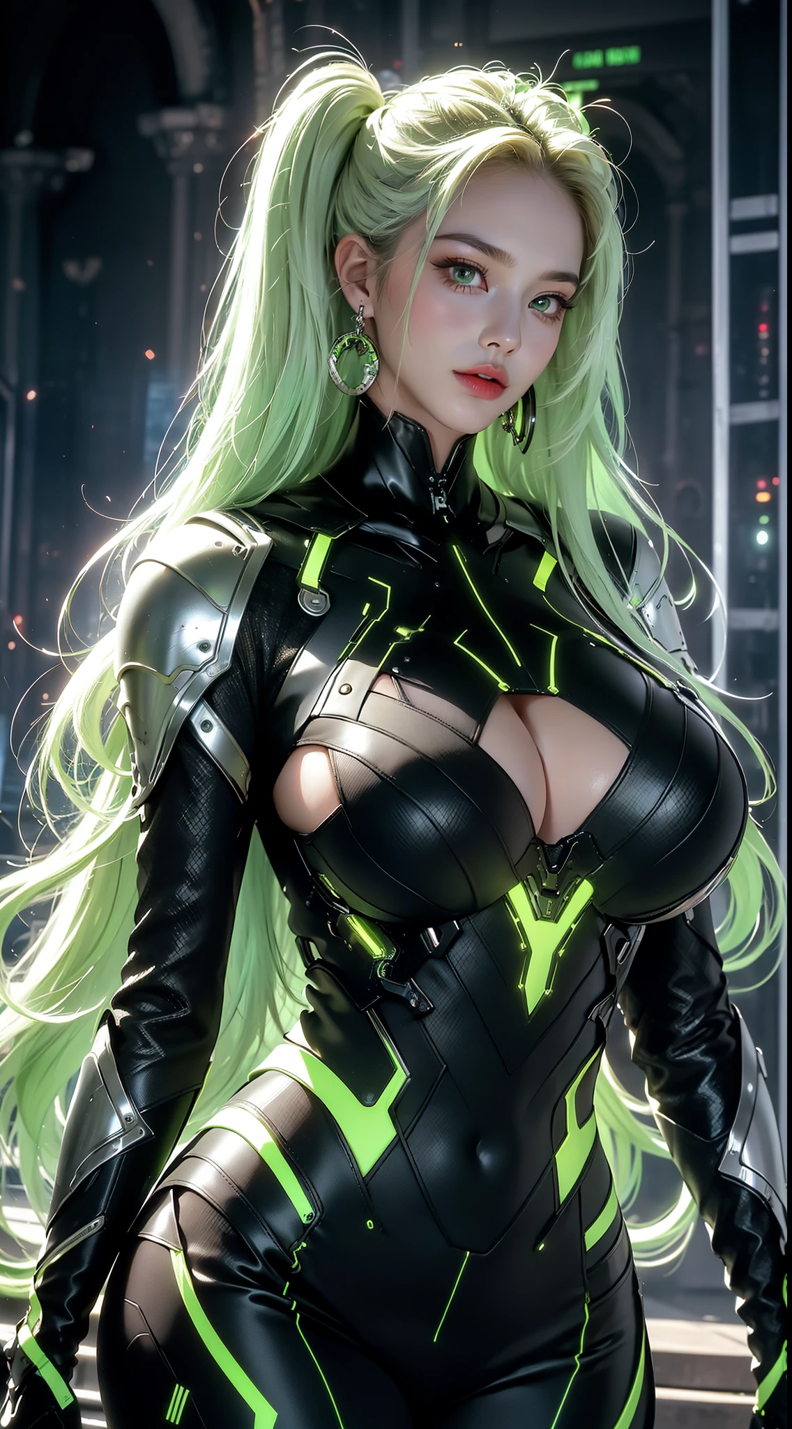 (masterpiece), best quality, expressive eyes, perfect face, beautiful details face, beautiful round eyes, full body, A beautiful mature woman in cyber armour suit shows her Extremely busty and attractive breasts, (arrogant face), (light green hair), (twintails, expressive hair, shiny hair, glowing hair, multicolored hair, gradient hair, colored inner hair, straight hair, medium long hair), fair skin, (beautiful detailed full bodysuit:1.3), full body cyber armour, glowing and shining armour, silver and green cyber armour, (Edge lights:1.4), (silver and green colour scheme:1.3), neon light on armor, beautiful details eyes, (emerald eyes:1.3), (glowing eyes:1.2), (Gigantic saggy breasts:1.6), tight breasts, thick body, (well accentuated curves), pink lips, (silver nails), mascara, Long eyelashes, eyeliners, (Extremely wide well defined hips:1.3), (beautiful massive thick thighs:1.3), has a tall slender figure, (Extremely detailed skin texture:1.2), beautiful detailed realistic muscle definition, golden lights that shimmer, high detailed eyes, ultra-high quality model, proportionate, intense colouration fantasy, (background fantasy floating cyber city), green and gold tetradic colours, random poses, earrings, (1girl), solo, shine