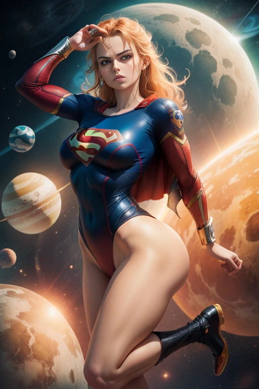((best quality)) ((Ultra Detalhado)) ((supergirl)) ((foto do corpo inteiro)) (( botas vermelhas)) ((com da roupa da supergirl)) ((rosto detalhado)) ((blue swimsuit)) ((big tits)) ((cabelo longo laranja)) ((cabelo longo sedoso)) ((nami one piece)) ((corpo atletico)) ((olhos atraentes)) ((sharp eyes)) ((corpo magro)) ((High-resolution shadows)) ((cores atrativas)) ((pulseiras de ouro)) , Apertado ,capa vermelha, symbol of superman, sombras claras, heroic pose, in space with the planets behind.