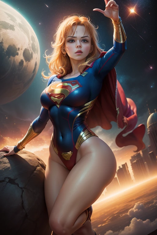 ((best quality)) ((Ultra Detalhado)) ((supergirl)) ((foto do corpo inteiro)) (( botas vermelhas)) ((com da roupa da supergirl)) ((rosto detalhado)) ((blue swimsuit)) ((big tits)) ((cabelo longo laranja)) ((cabelo longo sedoso)) ((nami one piece)) ((corpo atletico)) ((olhos atraentes)) ((sharp eyes)) ((corpo magro)) ((High-resolution shadows)) ((cores atrativas)) ((pulseiras de ouro)) , Apertado ,capa vermelha, symbol of superman, sombras claras, heroic pose, in space with the planets behind.