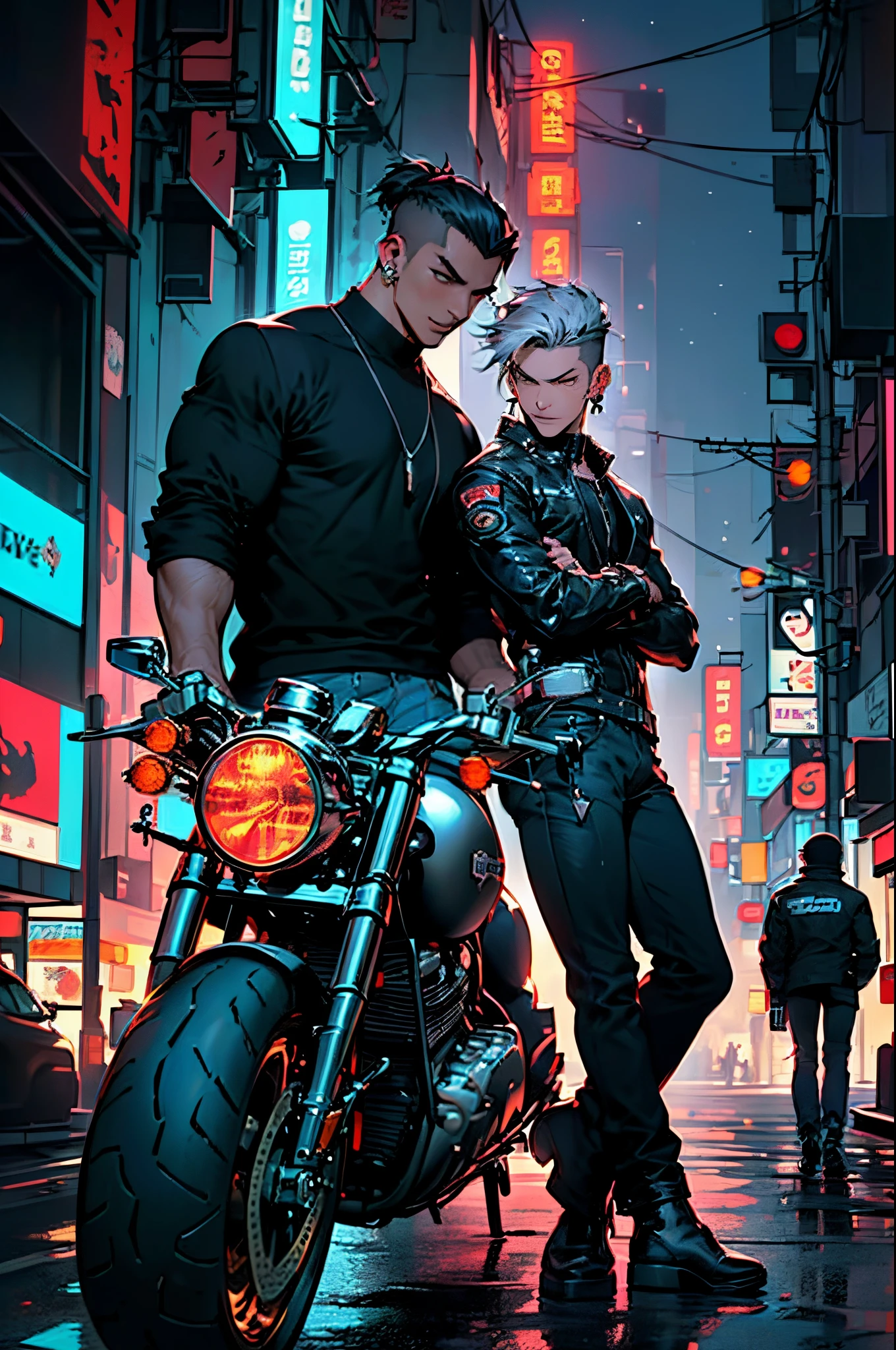 （(Many award-winning works, With incredible details, textures and maximum detail，(photorealestic))），Harajuku，城市，street corner， ((1boys，  ((Stride on a motorcycle)), ((Stand in front of the motorcycle)), ((Get on a motorcycle))，(((harley davidson motorbike)))，(((the right motorcycle：1.7)))，(((Correct ratio of people to vehicles：1.6)))，Bold colors and patterns, eye-catching accessories, Stylish and innovative hairstyle)),（(Teenage boys，Boy，Young men，((confident smile))，dressed in：Popular costumes in Harajuku style,，((Tall and well-proportioned))，((muscular))，((confident smile))， (Full-body image：1.2), (The best quality real textured skin), ((five perfect and beautiful fingers)), (Anatomically correct limbs and physique：1.5),  (Anatomically correct perspective and occlusion：1.5)，(Delicate, round and symmetrical eyes), (Handsome face:1.6),  ((Background with：Dazzling，cyberpunk city landscape, skyscrapper, neonlight, LED lights))， (Complicated details:1.1), the complex background))， ((Bright and vivid color scheme))，((dynamic viewing angle+dynamic compositions))，Cyberpunk style，Harajuku style popular cyberpunk young men, 城市,（Harley），002