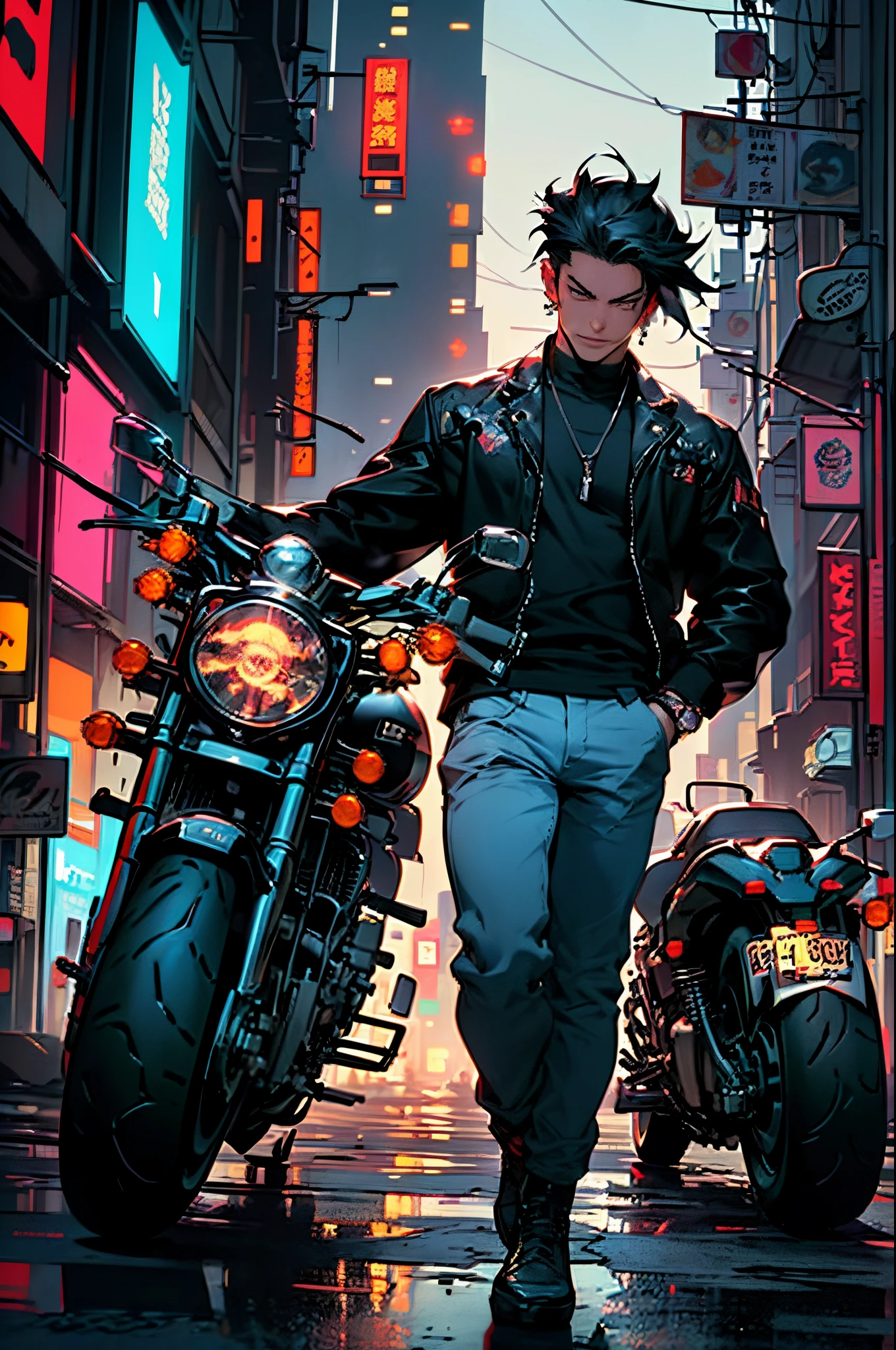 （(Many award-winning works, With incredible details, textures and maximum detail，(photorealestic))），Harajuku，城市，street corner， ((1boys，  ((Stride on a motorcycle)), ((Stand in front of the motorcycle)), ((Get on a motorcycle))，(((harley davidson motorbike)))，(((the right motorcycle：1.7)))，(((Correct ratio of people to vehicles：1.6)))，Bold colors and patterns, eye-catching accessories, Stylish and innovative hairstyle)),（(Teenage boys，Boy，Young men，((confident smile))，dressed in：Popular costumes in Harajuku style,，((Tall and well-proportioned))，((muscular))，((confident smile))， (Full-body image：1.2), (The best quality real textured skin), ((five perfect and beautiful fingers)), (Anatomically correct limbs and physique：1.5),  (Anatomically correct perspective and occlusion：1.5)，(Delicate, round and symmetrical eyes), (Handsome face:1.6),  ((Background with：Dazzling，cyberpunk city landscape, skyscrapper, neonlight, LED lights))， (Complicated details:1.1), the complex background))， ((Bright and vivid color scheme))，((dynamic viewing angle+dynamic compositions))，Cyberpunk style，Harajuku style popular cyberpunk young men, 城市,（Harley），002