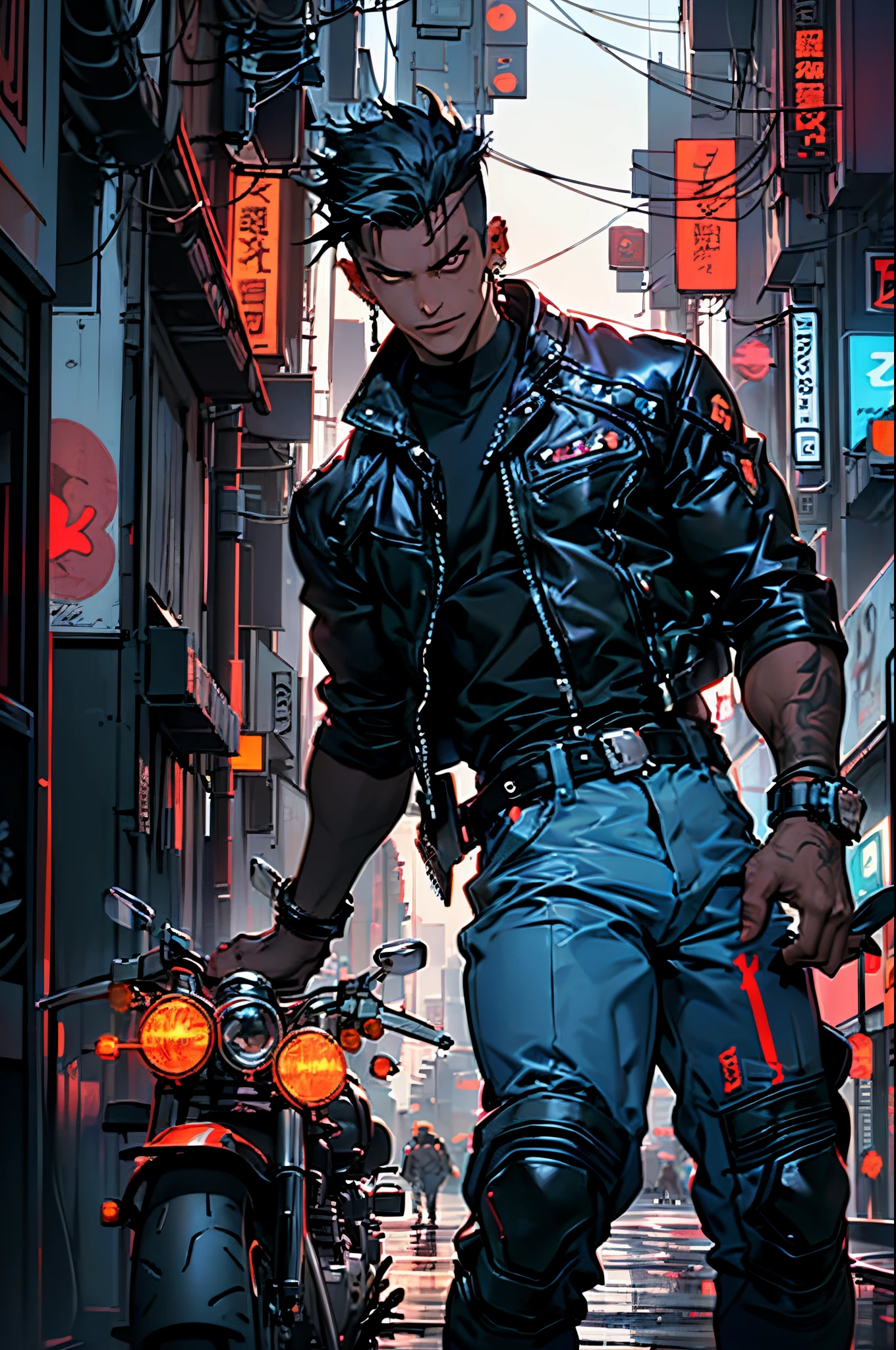 ((Many award-winning works, With incredible details, textures and maximum detail,(photorealestic))),Harajuku,城市,street corner, ((1boys, ((Stride on a motorcycle)), ((Stand in front of the motorcycle)), ((Get on a motorcycle)),(((harley davidson motorbike))),(((the right motorcycle:1.7))),(((Correct ratio of people to vehicles:1.6))),Bold colors and patterns, eye-catching accessories, Stylish and innovative hairstyle)),((Teenage boys,Boy,Young men,((confident smile)),dressed in:Popular costumes in Harajuku style,,((Tall and well-proportioned)),((muscular)),((confident smile)), (Full-body image:1.2), (The best quality real textured skin), ((five perfect and beautiful fingers)), (Anatomically correct limbs and physique:1.5), (Anatomically correct perspective and occlusion:1.5),(Delicate, round and symmetrical eyes), (Handsome face:1.6), ((Background with:Dazzling,cyberpunk city landscape, skyscrapper, neonlight, LED lights)), (Complicated details:1.1), the complex background)), ((Bright and vivid color scheme)),((dynamic viewing angle+dynamic compositions)),Cyberpunk style,Harajuku style popular cyberpunk young men, 城市,(Harley),002