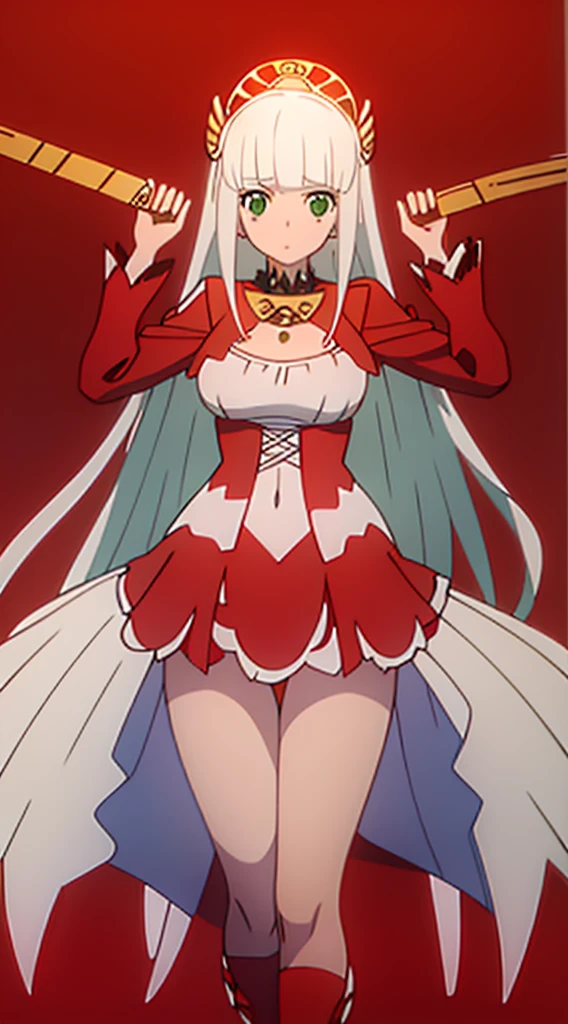 masterpiece, best quality, 1 solo girl, white hair, green eyes, long hair, wavy hair, Christmas ornaments, medium breasts, mature body and face, red santa dress, christmas, christmas light, christmas tree, red gloves, red santa skirt, holding gift, red bra, red panty, leg up, cowboy shots, sexy pose, dakimakura, ultra-detailed body, face, and eyes, sharp focus, vibrant, creative, dynamic, high definition, high resolution, 8k, (Upscale: R-ESRGAN 4x+ Anime6B), (Image enchance:4x), voluptuous body
