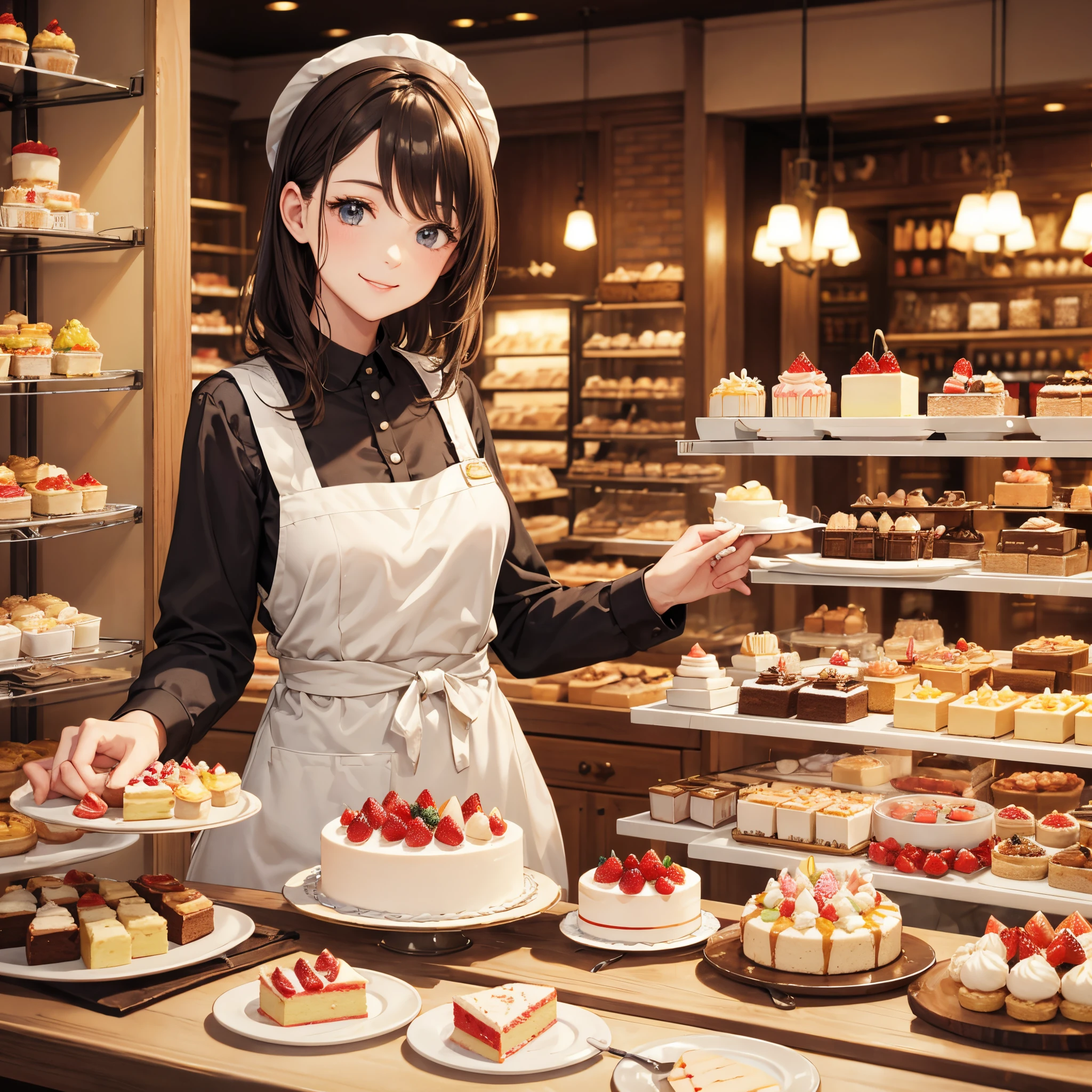 master piece,best quality,stylish cake shop,A female clerk at a cake shop,holding a shortcake on a plate,detailed clothes,a smile,Bright atmosphere in the store,Dynamic
