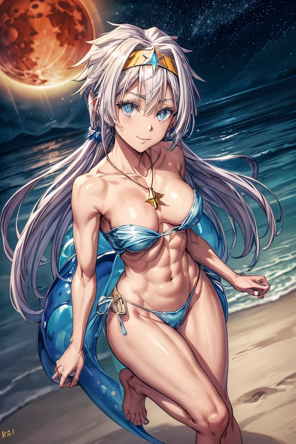 (1 girl), (((Velzard de tensei shitara slime datta ken))), Ela tem pele clara, olhos da cor de diamantes azuis e longos, cabelos brilhantes, pearl white, extending to the waist, (((She wears a blue star-shaped pendant and a gold headband.))), (wears a very short black bikini), seios grandes, thin arms, (barriga musculosa), (((pernas musculosas))),(Standing), cintura fina, bare feet and very detailed, beautiful feet and well-shaped toes, (((beach night scene with starry sky and blood moon in the sky))), (cabelos presos em rabos de cavalo duplos), olhos vazios, olhos vazios, olhos vazios, eye reflection, olhos brilhantes, mau humor, anime, estilo anime, ray tracing, Cinematic lighting, panorama, Sony FE, UHD, master part, anatomicamente correto, Super Detalhe, alta qualidade, best quality, high resolution, 16k