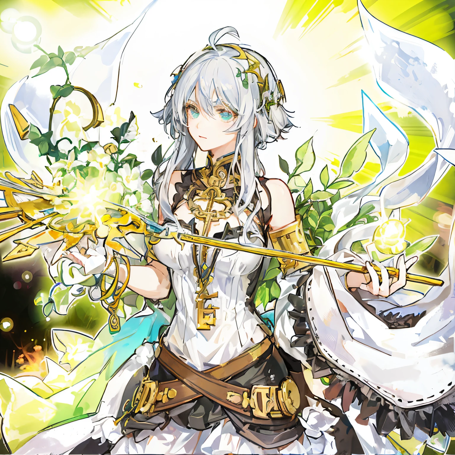 Anime - style image of a woman with a sword and flowers, white haired god, anime goddess, portrait knights of zodiac girl, lady palutena, knights of zodiac girl, art style of rune factory 5, Detailed key anime art, beautiful celestial mage, fus rei, Key Anime Art, goddess of light, palutena, female earth mage, Official art