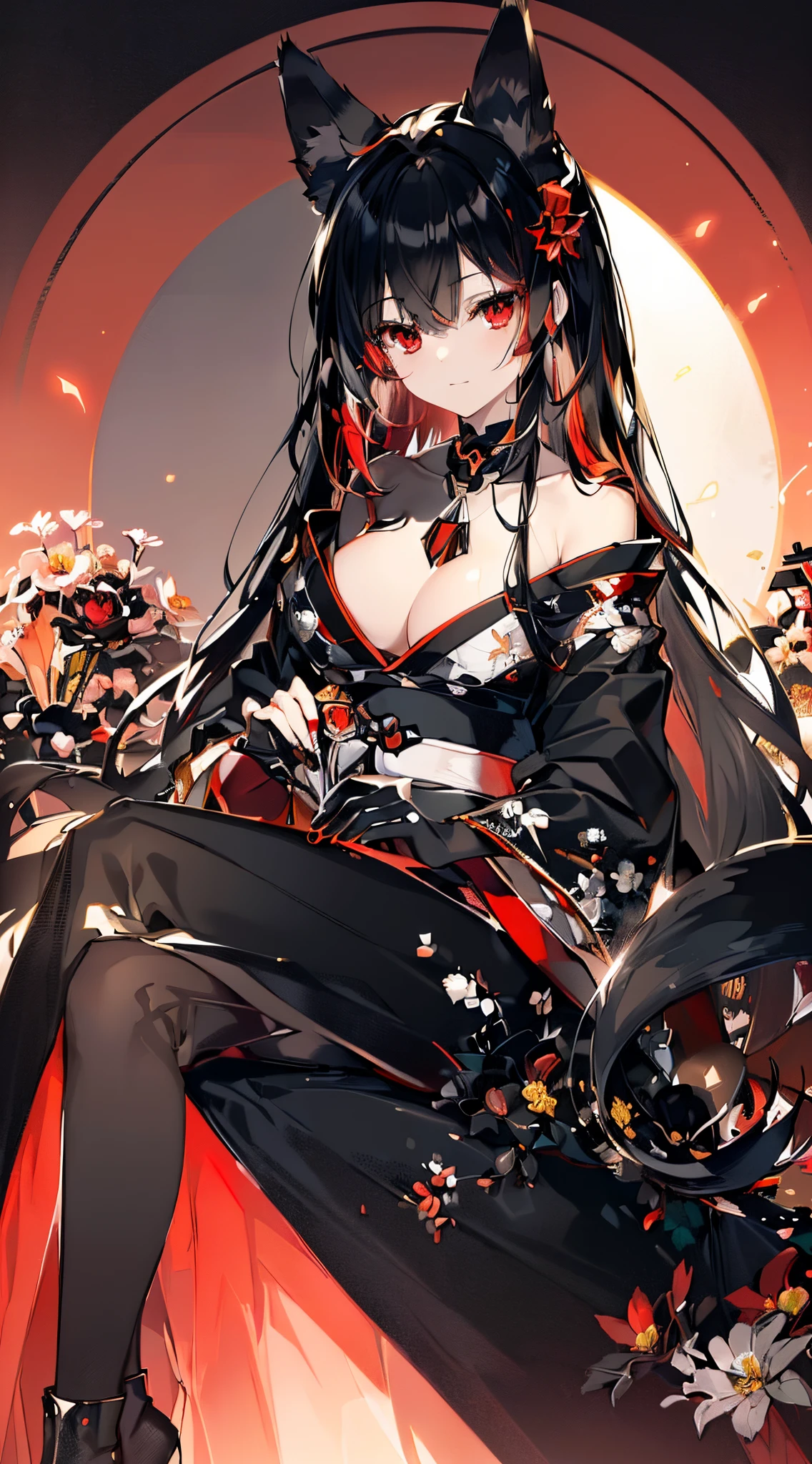 (extremely detailed CG unity 8k wallpaper), (((ultra-detailed))), ((extremely detailed)), (((intricate details))), (((best illustration))), best illumination, ((extremely delicate and beautiful)), ((an extremely delicate and beautiful girl)), colorful, manjusaka, red flower field, (((colorful flowers))), ((solo:1.9)), ((fox girl)), (Black and red Kitsune with long black hair with fox ears and fox tail), (black fox ears:1.4), (red fox ears:1.6), (black single fox tail:1.7) (red fox tip tail:1.3), ((finely detailed beautiful eyes and detailed face)), sad expression, melancholic smile, long hair, (((black hair))), (red eyes:1.9), beautiful detailed eyes, mature female, gentle, slender, medium breast, (Black and red sexy elegant kimono dress:1.3), (medium height black boots:1), ((black choker with red pendent:1)), manjusaka birthmark on neck, sitting, bishoujo, 19 years old,