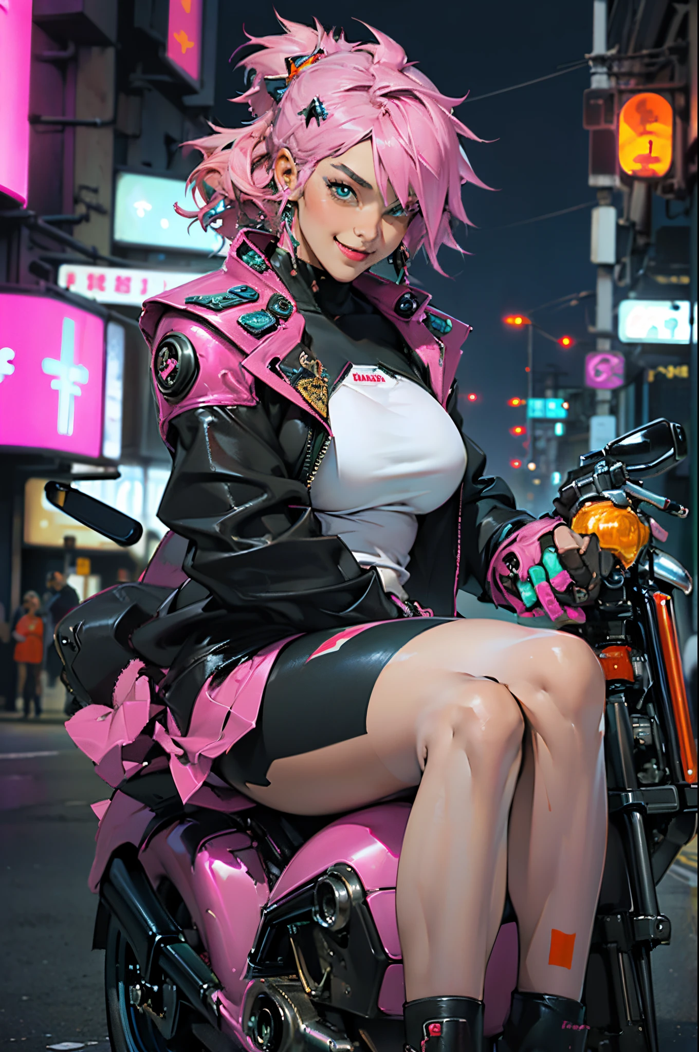 （(Many award-winning works, With incredible details, textures and maximum detail，(photorealestic)，)）, ((1female，Erlang legs，((Sit on a motorcycle)), ((Get on a motorcycle))，(((harley davidson motorbike)))，(((the right motorcycle：1.7)))，(((Correct ratio of people to vehicles：1.6)))， eye-catching accessories, Stylish and innovative hairstyle，(A pink-haired：Pick dyeing)，)),（( girl，girl，((confident smile))，dressed in：((Popular costumes in Harajuku style, ))，((slim sexy girl))，)))， (Full-body image:1.2), (up of the upper body：0.4), (The best quality real textured skin), ((five perfect and beautiful fingers)), (Anatomically correct limbs and physique：1.5), (Two full legs：1.5), (two complete feet：1.5), (Delicate, round and symmetrical eyes), (exquisite and beautiful face：1.6), ((A detailed face)), ((Background with：(Dazzling，cyberpunk city landscape, skyscrapper, neonlight, LED lights)))， the complex background, (Complicated details:1.1)，))， ((Bright and vivid color scheme))，((dynamic viewing angle+dynamic compositions))，((big breasts beautiful，Sexy legs))，Cyberpunk style，Harajuku style popular cyberpunk girl, 城市,（Harley），001