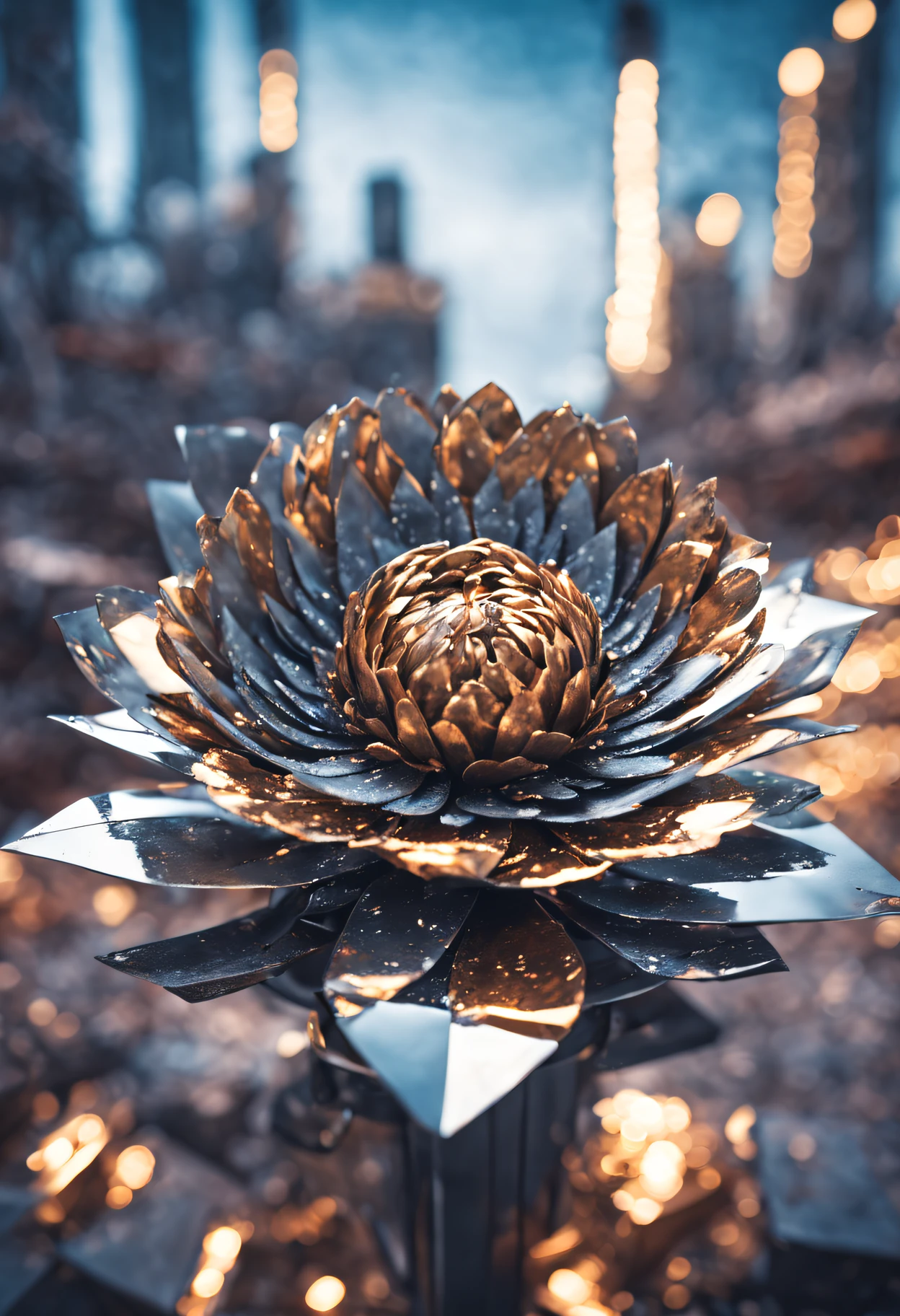 masterpiece, highly detailed, photography, RAW photo, focus shot, instagram able, (metallic flower:1.4) blooming in area full of metallic junk, dystopian theme, steel graveyard background, volumetric lighting, cold color, epic composition, epic proportion, HDR, bokeh