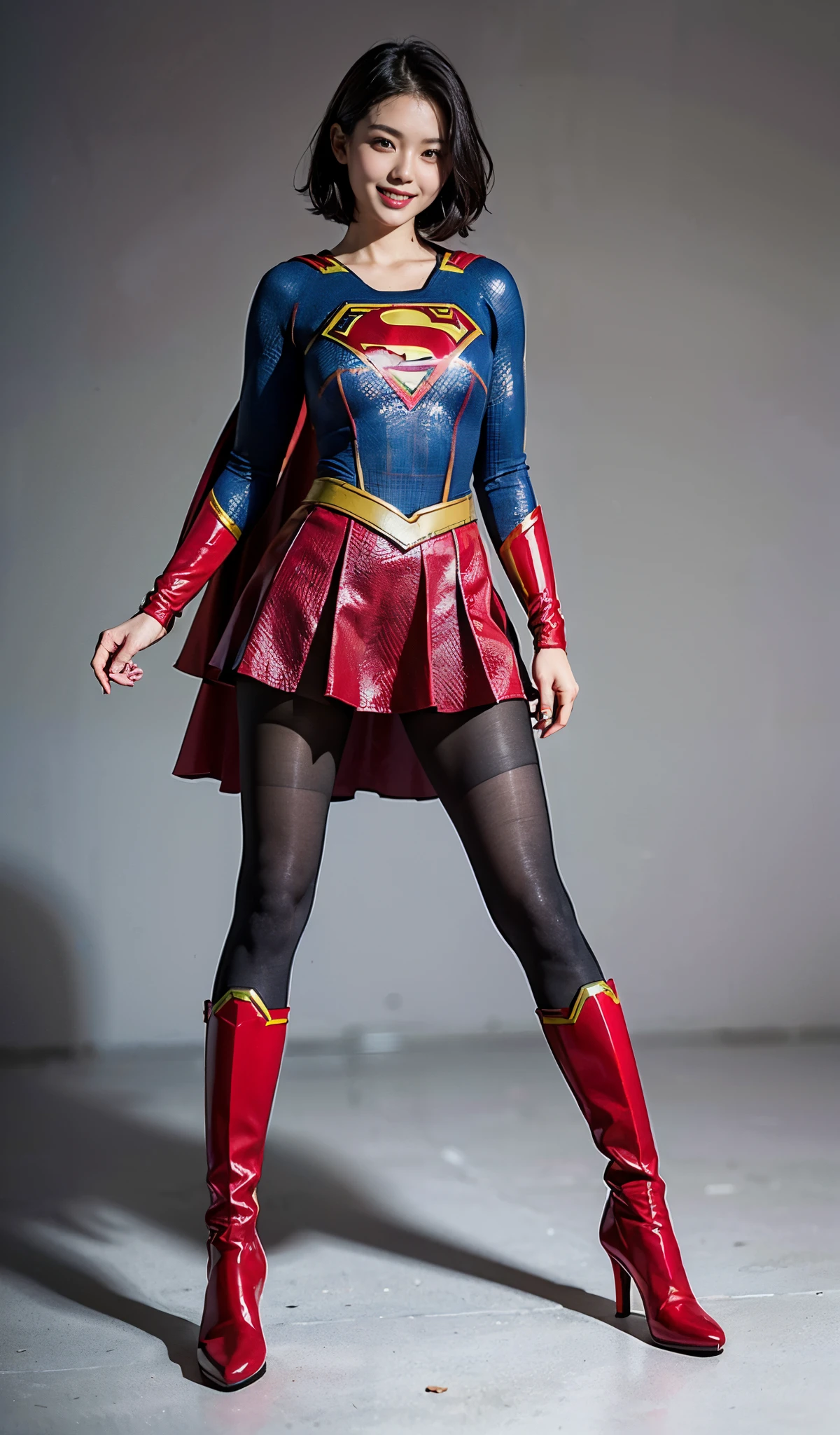 Facing down、I'm sitting、Suffering、mouth is always open sloppily、Drool is always dripping from my mouth、Asian Beautiful Girl、(((Wear black tights on your beautiful legs.)))、(((beauty legs)))、(((facial expression of smile)))、((((Make the most of the original image)))、(((Supergirl Costume)))、(((a short bob、beautiful hairl)))、(((Suffering)))、(((Feet must necessarily be worn with black tights)))、(((You need to wear red boots)))、((Top image quality、8K))、((top-quality、8K、masterpiece:1.3))、(((Keep your background simple)))、Crisp focus:1.2、Beautiful woman with perfect body shape:1.4、Slender Abs:1.2、a wet body:1.5、Highly detailed facial and skin texture、8K、beauty legs