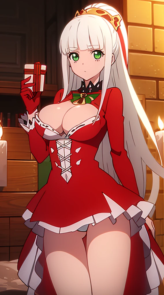 masterpiece, best quality, 1 solo girl, white hair, green eyes, long hair, wavy hair, Christmas ornaments, medium breasts, mature body and face, red santa dress, christmas, christmas light, christmas tree, red gloves, red santa skirt, holding gift, red bra, red panty, leg up, cowboy shots, sexy pose, dakimakura, ultra-detailed body, face, and eyes, sharp focus, vibrant, creative, dynamic, high definition, high resolution, 8k, (Upscale: R-ESRGAN 4x+ Anime6B), (Image enchance:4x), voluptuous body