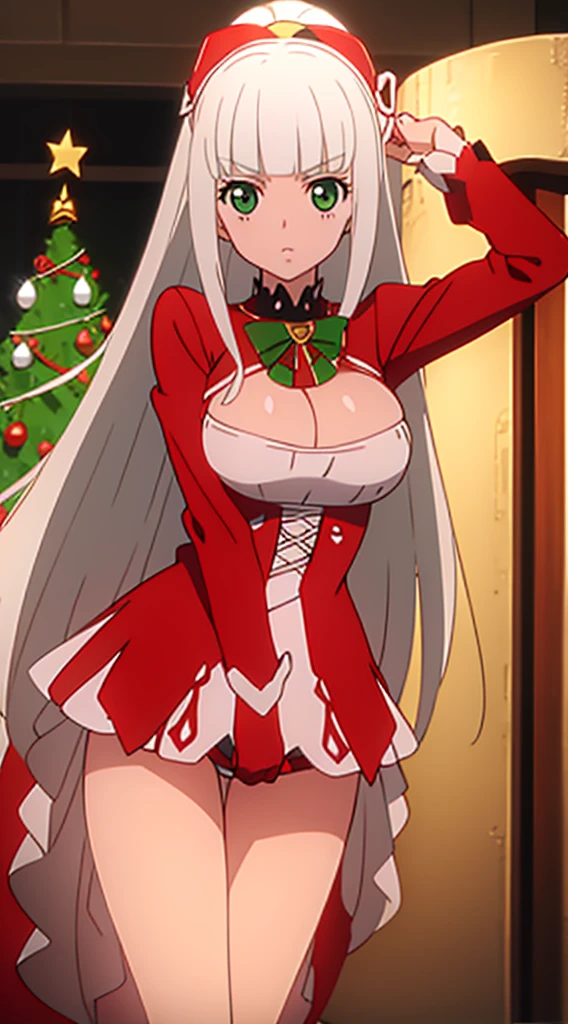 masterpiece, best quality, 1 solo girl, white hair, green eyes, long hair, wavy hair, Christmas ornaments, medium breasts, mature body and face, red santa dress, christmas, christmas light, christmas tree, red gloves, red santa skirt, holding gift, red bra, red panty, leg up, cowboy shots, sexy pose, dakimakura, ultra-detailed body, face, and eyes, sharp focus, vibrant, creative, dynamic, high definition, high resolution, 8k, (Upscale: R-ESRGAN 4x+ Anime6B), (Image enchance:4x), voluptuous body