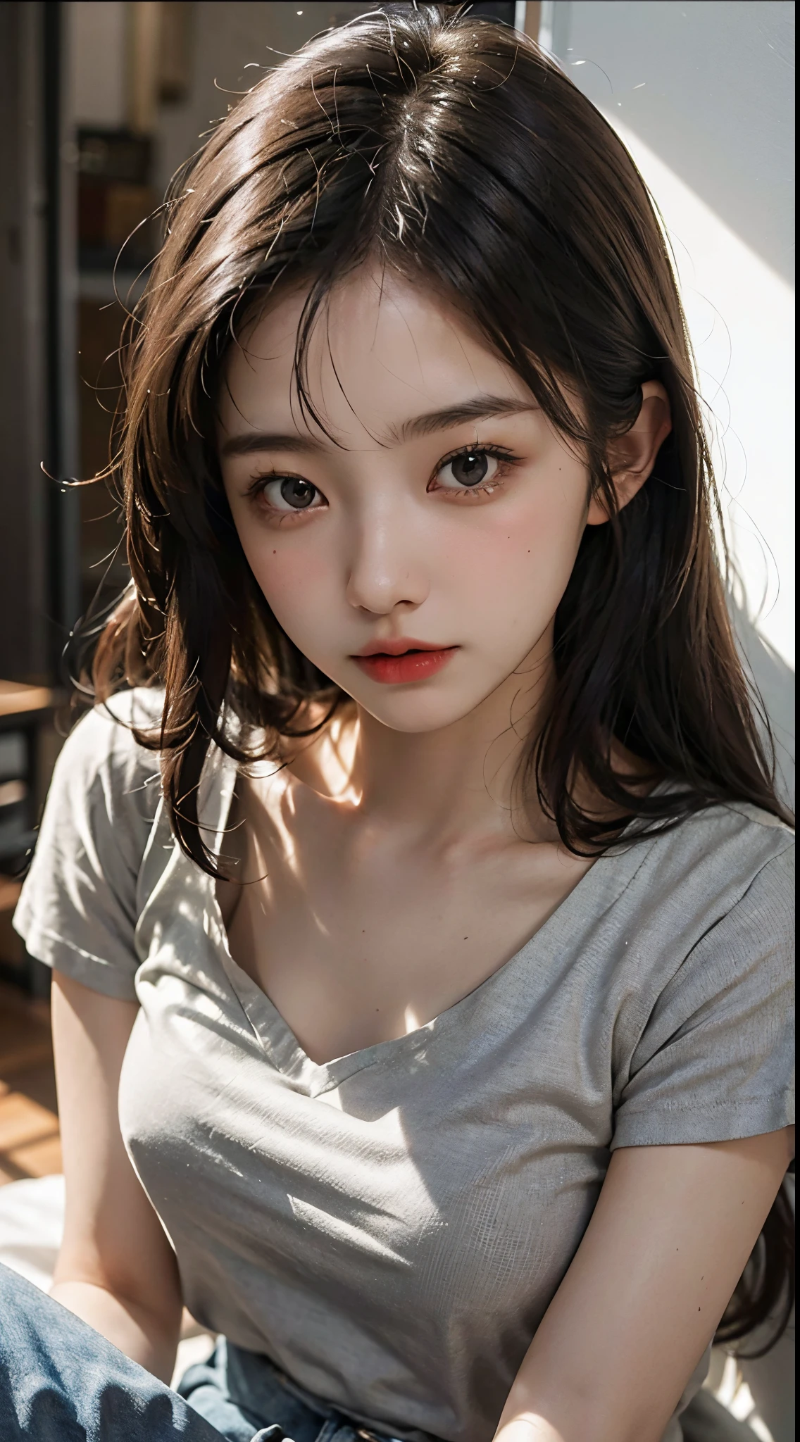 Japan Girl,beautiful girlfriend,a beauty,Raw foto,8K,morning sun lighting,Gray T-shirt and jeans miniskirt,Smooth long hair,A dark-haired,A detailed face,Detailed skin,Detailed eyes,(Slim body:1.3),ite girl in,About 23 years old,