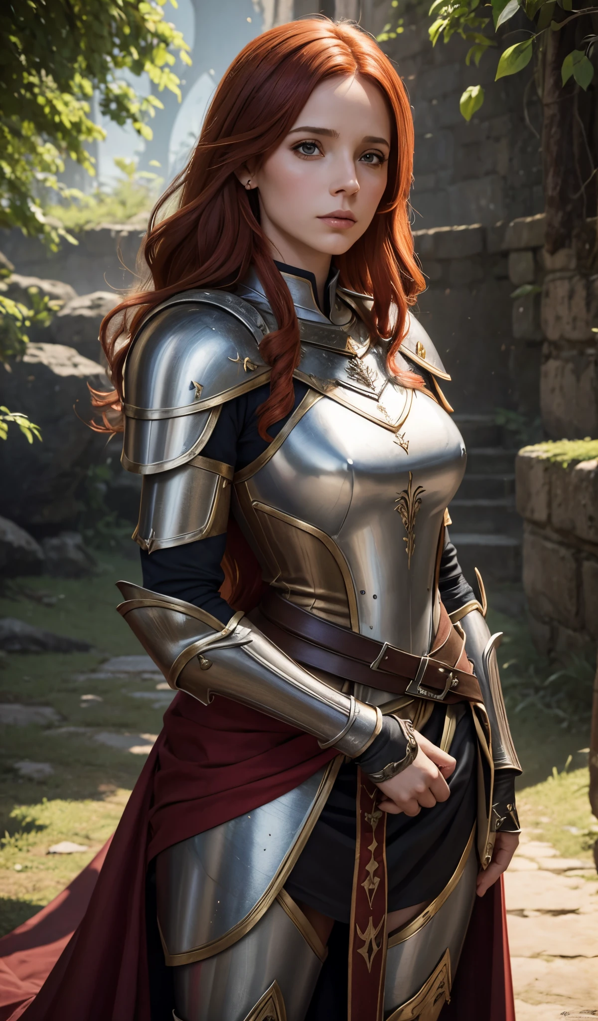 uma mulher com um vestido longo segurando uma espada na frente de um grupo de pessoas, Graphic artist Magali Villeneuve, Magali Villeneuve», cavaleiro feminino bonito, Directed by: Magali Villeneuve, de uma bela cavaleiro feminina, inspirado em Magali Villeneuve, female redhead templar, cavaleiro feminino, fantasia paladin mulher, guerreira medieval, Retrato do Paladino Feminino