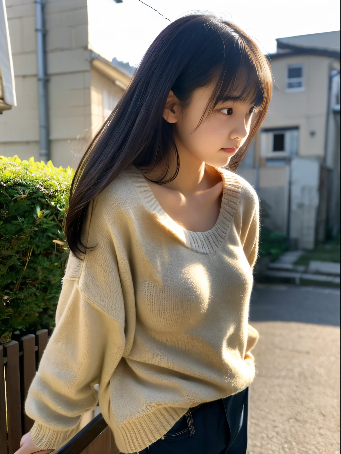 top-quality, masutepiece, High Definition, 16k image, Low contrast、dark realistic lighting、Beautiful high schoolng an oversized sweater1:1、 (Hidden Face), (buttock)、Slender big, Plump arms、(breasts pocket)、(Rocket Tits), Constricted waist, Looking away, Boobs that are about to overflow, Residential area in a narrow countryside, (thick legs)
