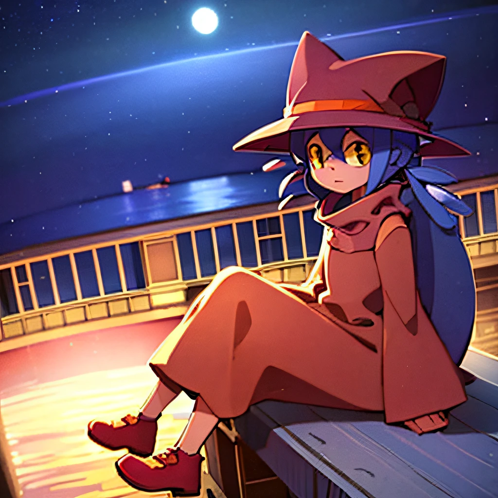 1girl, masterpiece, best quality, niko, yellow eyes, person, red hat, hat, red dress, blue hair, sitting, night sky, bridge, river, long hair,