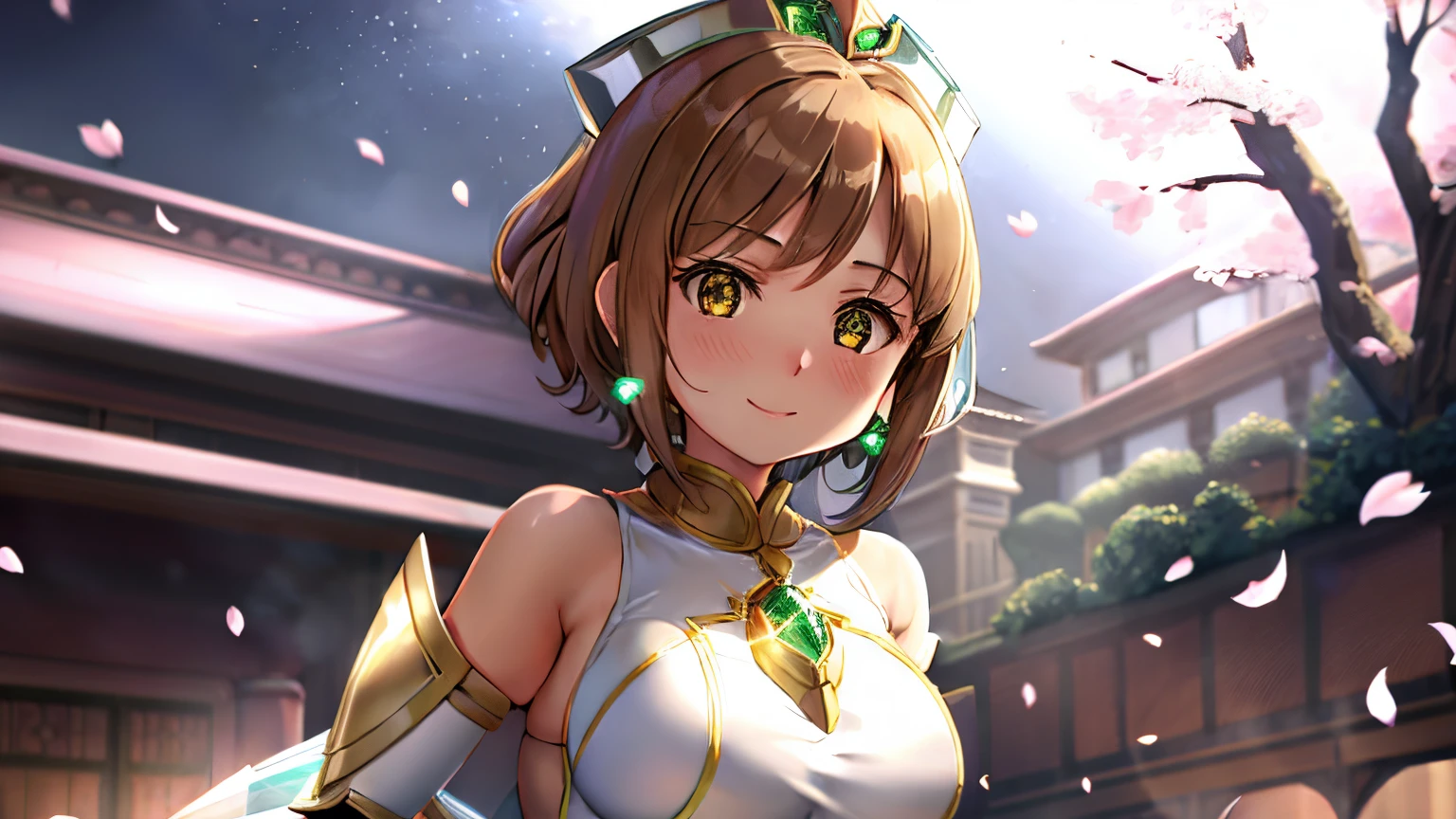 Anime girl in costume with bow and arrow, Knight of Sodiak Girl, Sodiak Girl Portrait Knight, Short brown-haired girl, Brown-eyed girl, Chignon Cap, White cheongsam, Emerald armor, Dress Armor Girl, seductive princess knight, anime fencer, Smooth Anime CG Art, oppai, huge tit, short, sakura petals around her, shuushuu anime image, Princess Knight, princess intergalactica, Crystal Emerald Armor, Emerald Princess, Emerald reflective armor, High quality anime art style,