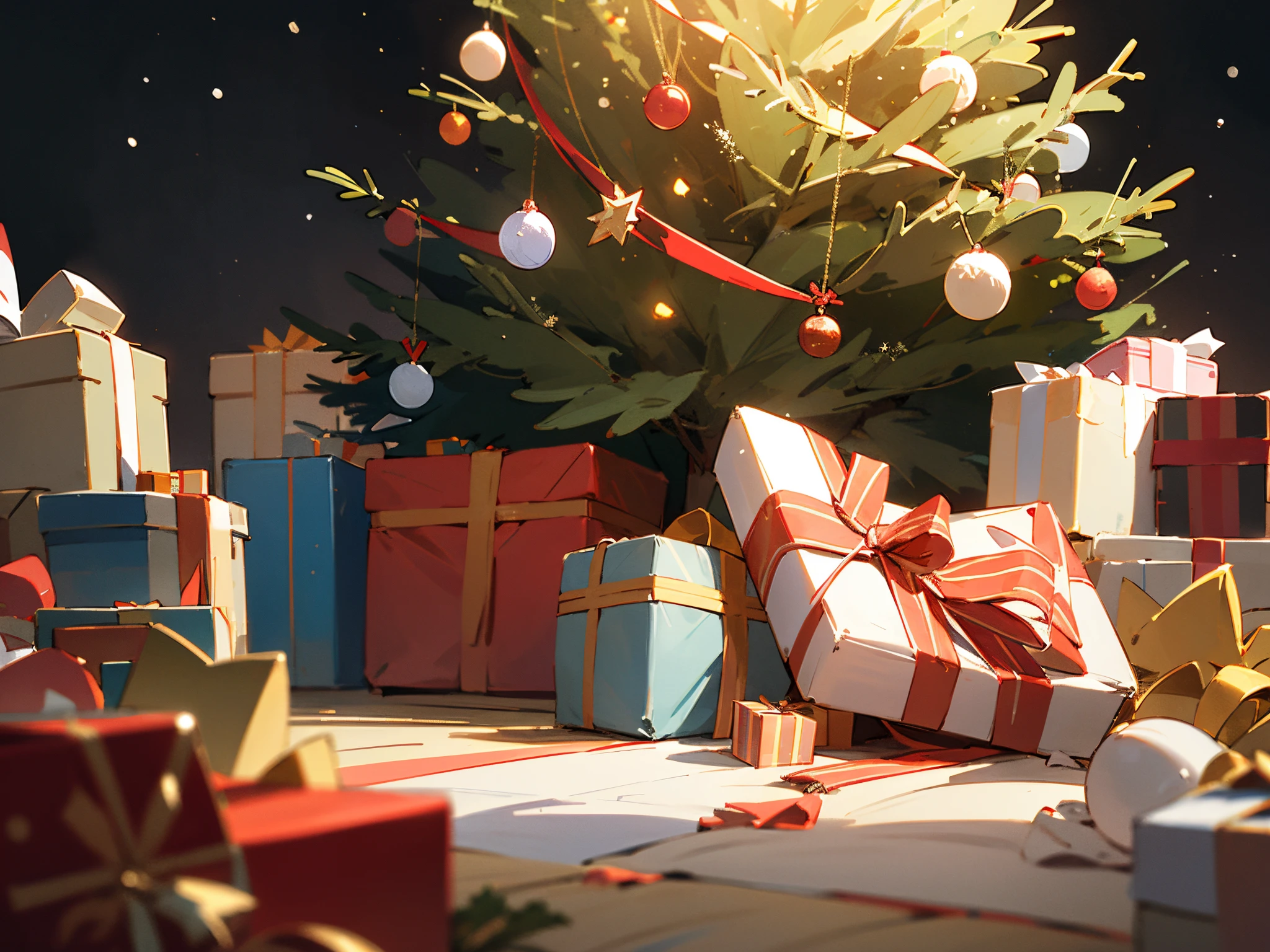 Christmas background/illuminations「Merry Christmas」There are decorations, a pile of presents on the floor, and a Christmas tree.