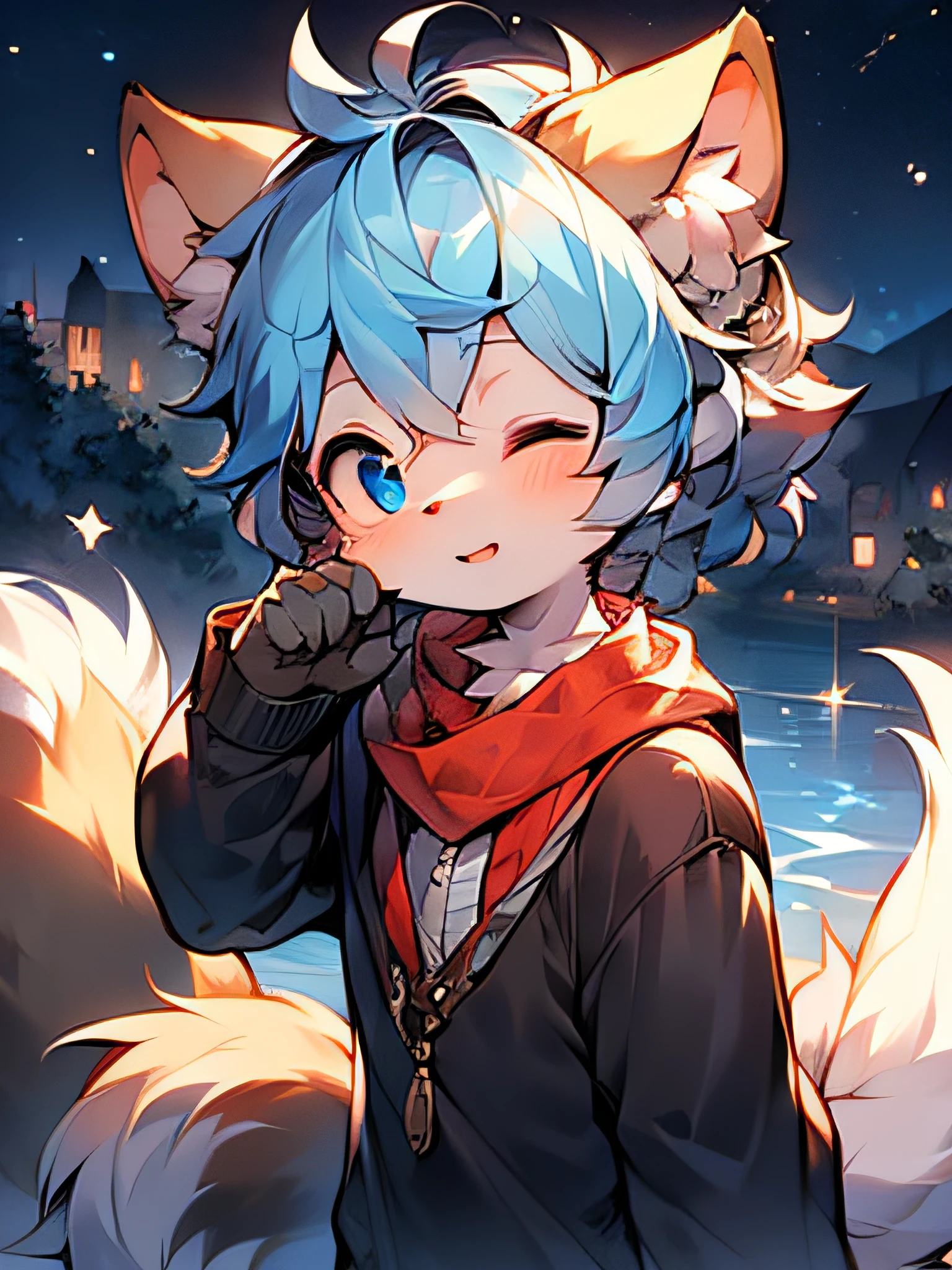 (Best quality at best,A high resolution,tmasterpiece:1.2),cute teen character,shota,beautiful detailed blue eyes,Soft charcoal wool,Young boys,ears hidden,Hair covers the ears,A tuft of blue bangs,Wolf ears,Wolf tail,With his eyes closed,Long eyelashes,face camera,in a panoramic view,stargazing
