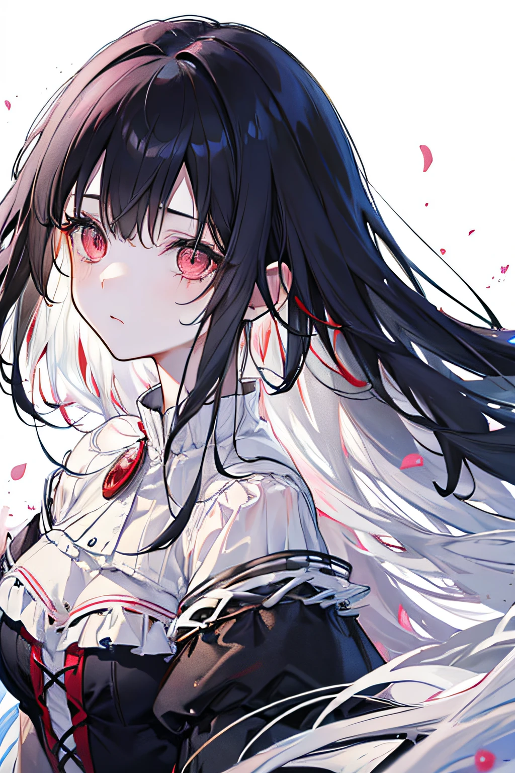 girl kawaii, watercolor medium, dynamic composition, best detailed girl, Beautiful detailed girl, girl, flowing hair, parted bangs, detailed black hair, fluffy hair, absurdly long hair, pretty face, perfect hands, deep red eyes, white skin, frilled dress, an extremely delicate and beautiful, Beautiful and detailed black, wallpaper 8k CG, extremely detailed, best quality,