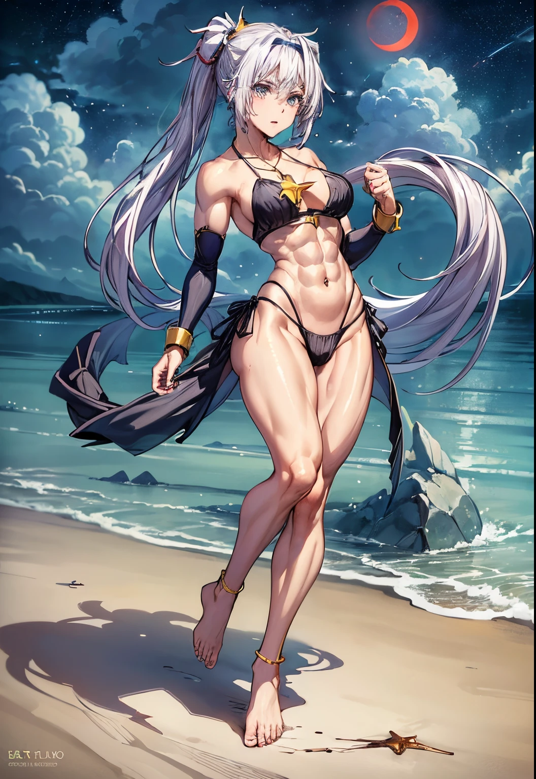 (1 girl), (((Velzard de tensei shitara slime datta ken))), She has fair skin, eyes the color of blue diamonds and long, long, pearly white hair, extending to her waist, (((she wears a blue pendant in the shape of a star and a golden headband))), (wears a very short black bikini), large breasts, thin arms, (muscular belly), (((muscular legs))), (boxer), ( aggressive punches), perfect details, perfect fingers, perfect limbs, impact, (shiny skin), (oppressive attack), (super complex details), (standing with legs open), thin waist, bare feet and very detailed, beautiful feet and well-shaped toes, (((night beach scene with starry sky and blood moon in the sky))), (hair tied in double ponytails), empty eyes, empty eyes, empty eyes, eye reflection, eyes betrayed, bad mood, anime, anime style, ray tracing, Cinematic lighting, panorama, Sony FE, UHD, masterpiece, anatomically correct, Super Detail, high quality, best quality, very high resolution, 16k