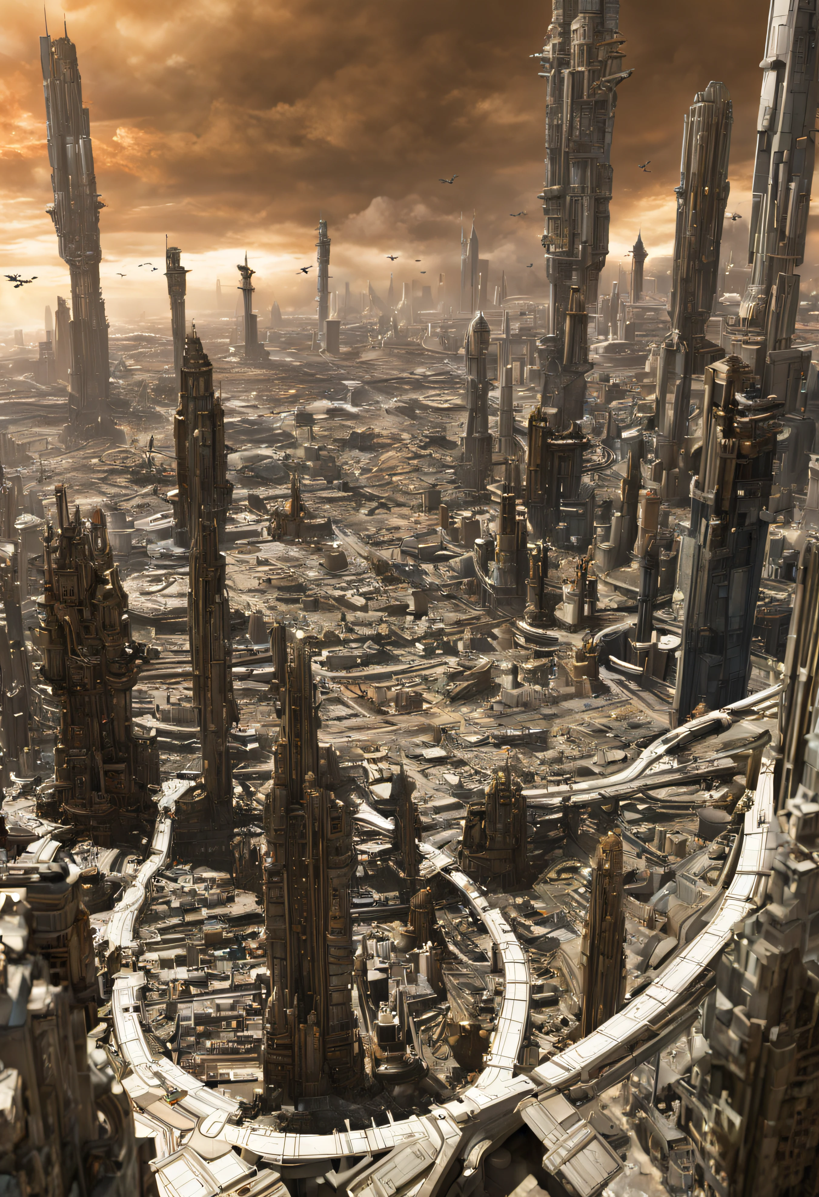 The city of Coruscant from Star Wars as designed by Doug Chiang, futuristic fantasy city with immense buildings of technological design (que forman una avenida infinita), edificios compactor no difuminados, con estructuras acristaladas en plata, oro y bronce espectaculares, (con colores vivos). pavimento ensolado (sin brillo). gente paseando. imagen bien definida con muchos edificios juntos. imagen nitida bien definida 8k. los edificios llegan alta el fondo.,8k. imagen cinematografica. iluminacion hora dorada. calidad superior. (obra maestra). renderizado 3d.