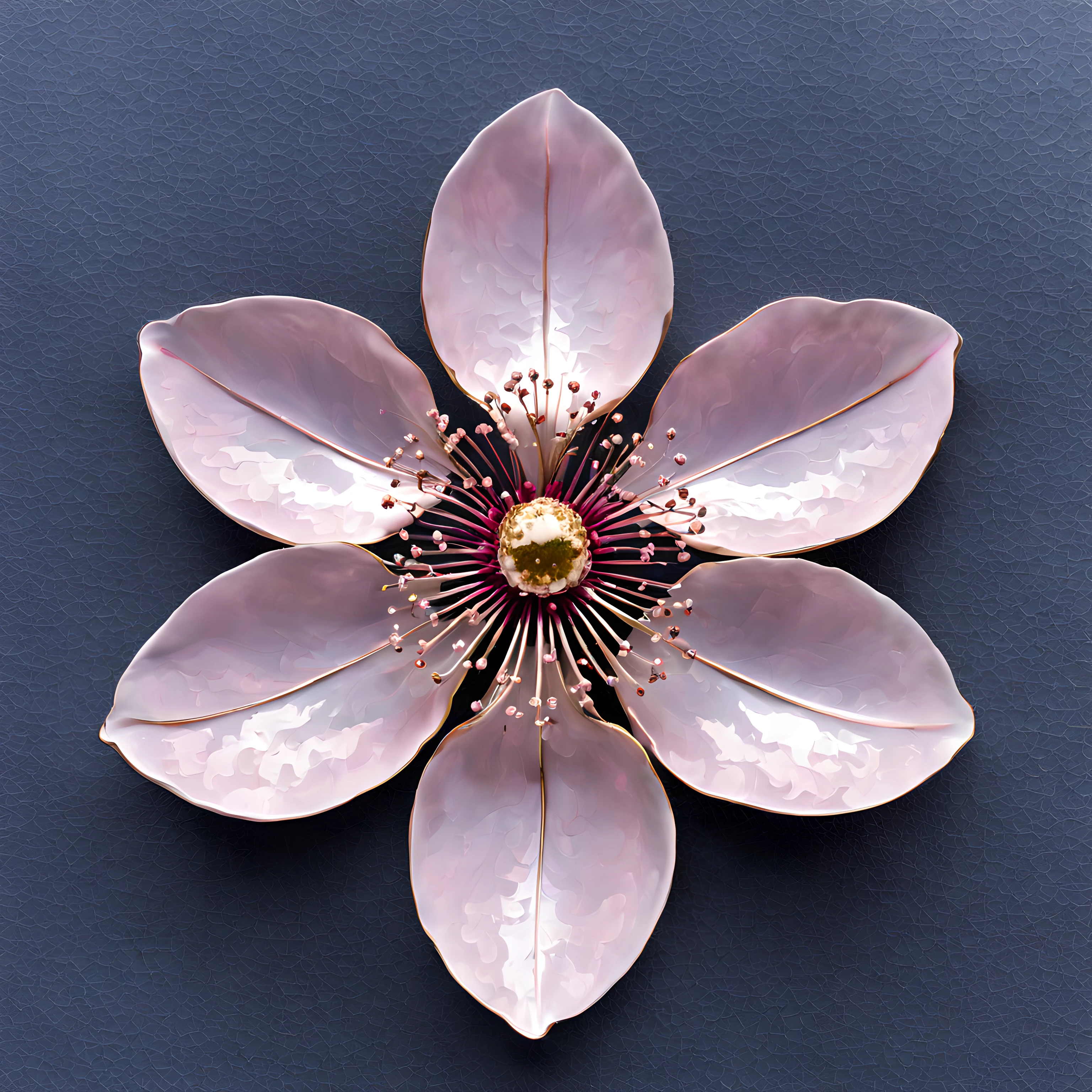 (symmetrical:1.3), (shot from above:1.3), vivid description of a single cherry blossom flower meticulously (crafted from shimmering metal), capturing its unique charm and ethereal beauty, exquisite elegance, delicate curves and intricate details of each petal capturing the fragile beauty of the flower