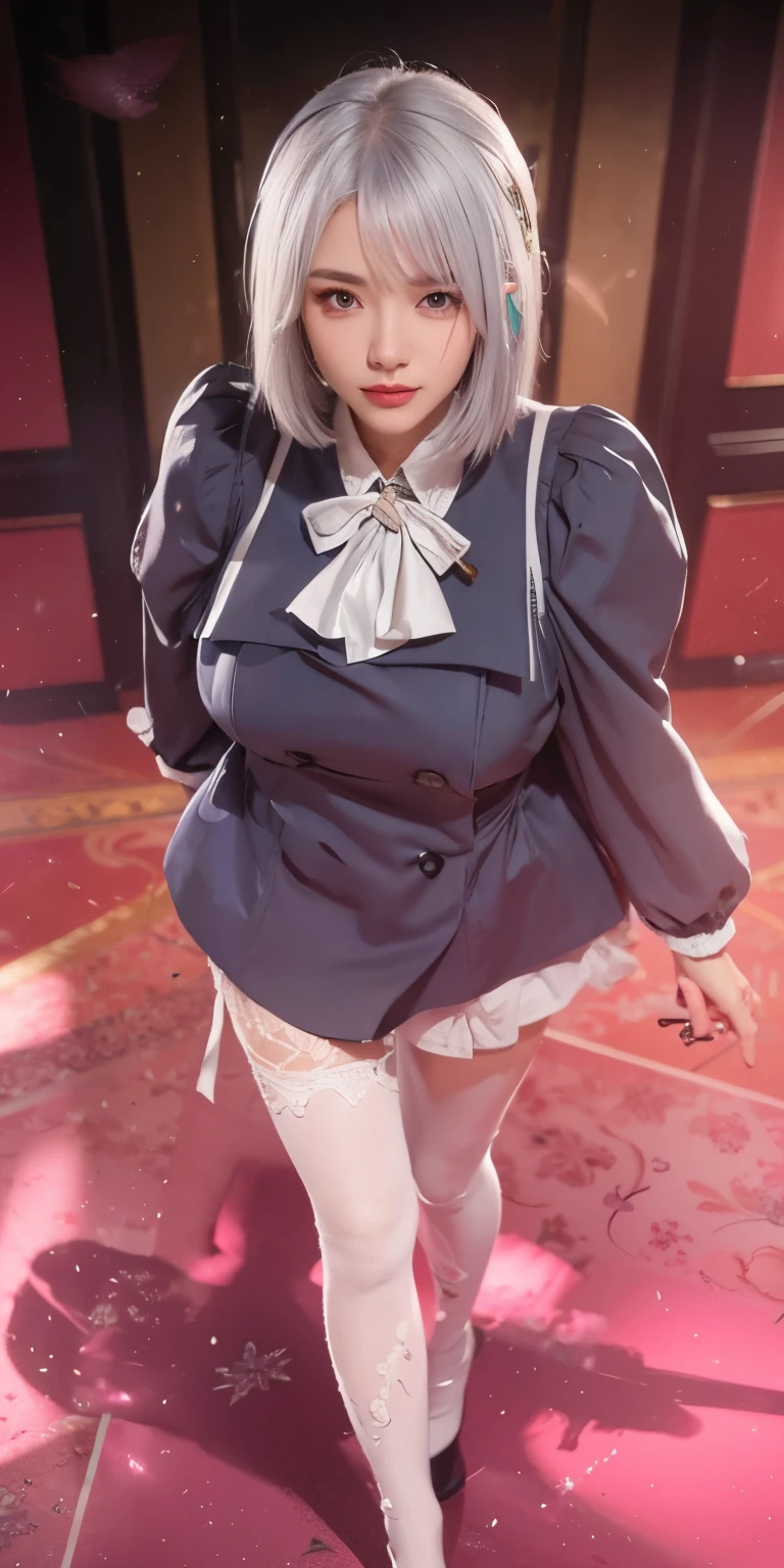 (Girl in purple wet kimono shirt-dress and light gray tight pleated slim skirt), (((black)) stockings), decollete, see-through, cute, zettai ryouiki, white hair, full body, bra, slim body, slim girl model, 24-year-old female model, lying on table, ((wet)), (((standing nipples under cloth))), portrait, most realistic, highest quality, best pixels, 8k ultra