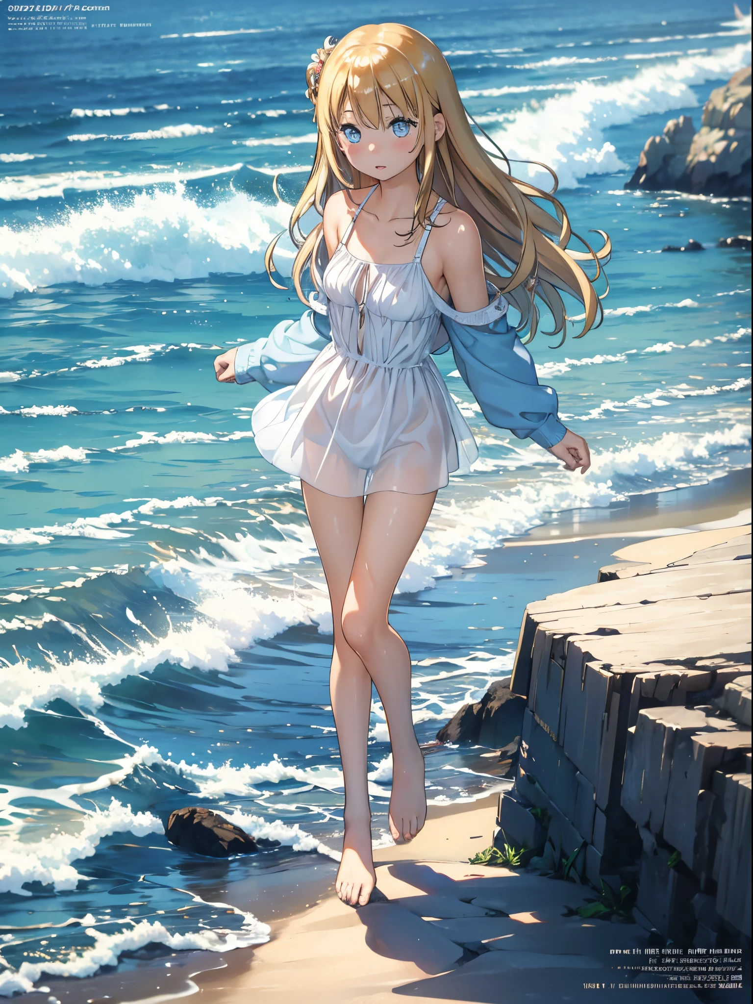 a girl、 female、a picture、realisticlying、top-quality、adopt、A detailed face、the beach、Southland、full body Esbian、White Bikini、a detailed backgrounds、diffuse sunlight、depth of fields、Bokeh,dutch angle