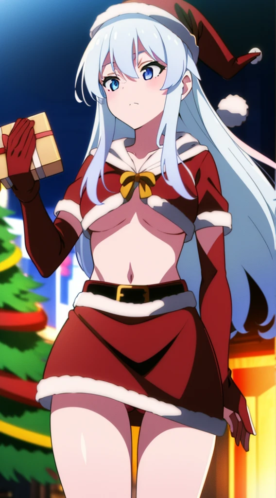 masterpiece, best quality, 1 solo girl, silver hair, blue eyes, long hair, wavy hair, Christmas ornaments, medium breasts, mature body and face, red santa dress, christmas, christmas light, christmas tree, red gloves, red santa skirt, holding gift, red bra, red panty, leg up, cowboy shots, sexy pose, dakimakura, detailed body, face, and eyes, sharp focus, vibrant, creative, dynamic, high definition, high resolution, 8k, (Upscale: R-ESRGAN 4x+ Anime6B), (Image enchance:4x), voluptuous body, ponytail, hair braid