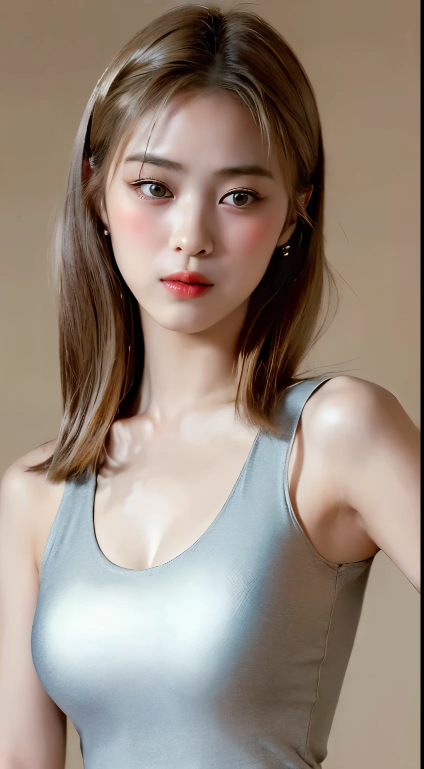 ((top-quality、8K、​masterpiece:1.3))、1girl in、Beautiful woman with accentuated slim abs:1.3、(Casual Hairstyles)、Casual clothing:1.2、interiors、Super Detail Face、Delicat eyes、二重まぶた、Soft breasts、Exposed cleavage、Slimed