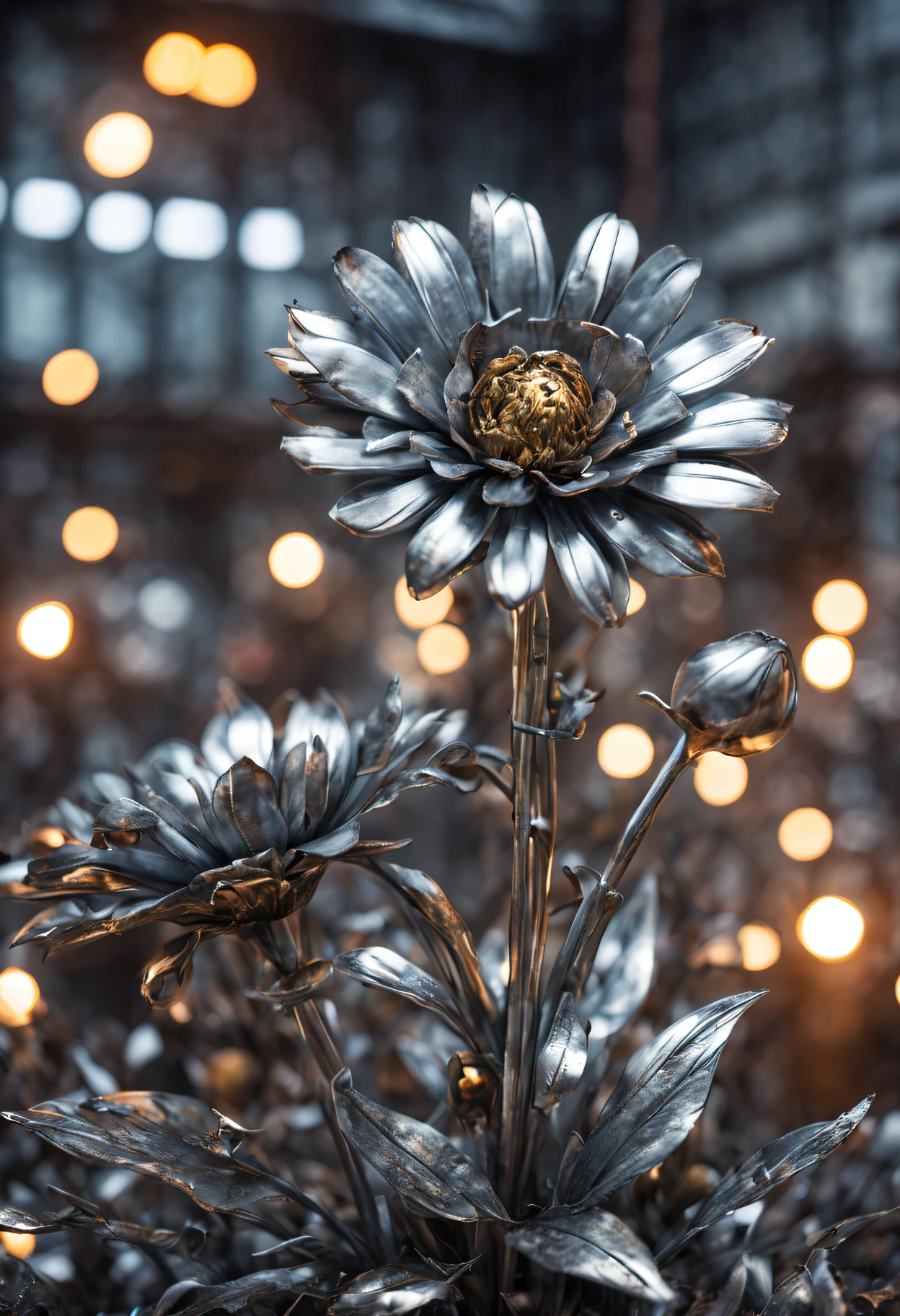 masterpiece, highly detailed, photography, RAW photo, focus shot, instagram able, (metallic flower:1.4) blooming in area full of metallic junk, dystopian theme, steel graveyard background, volumetric lighting, cold color, epic composition, epic proportion, HDR, bokeh