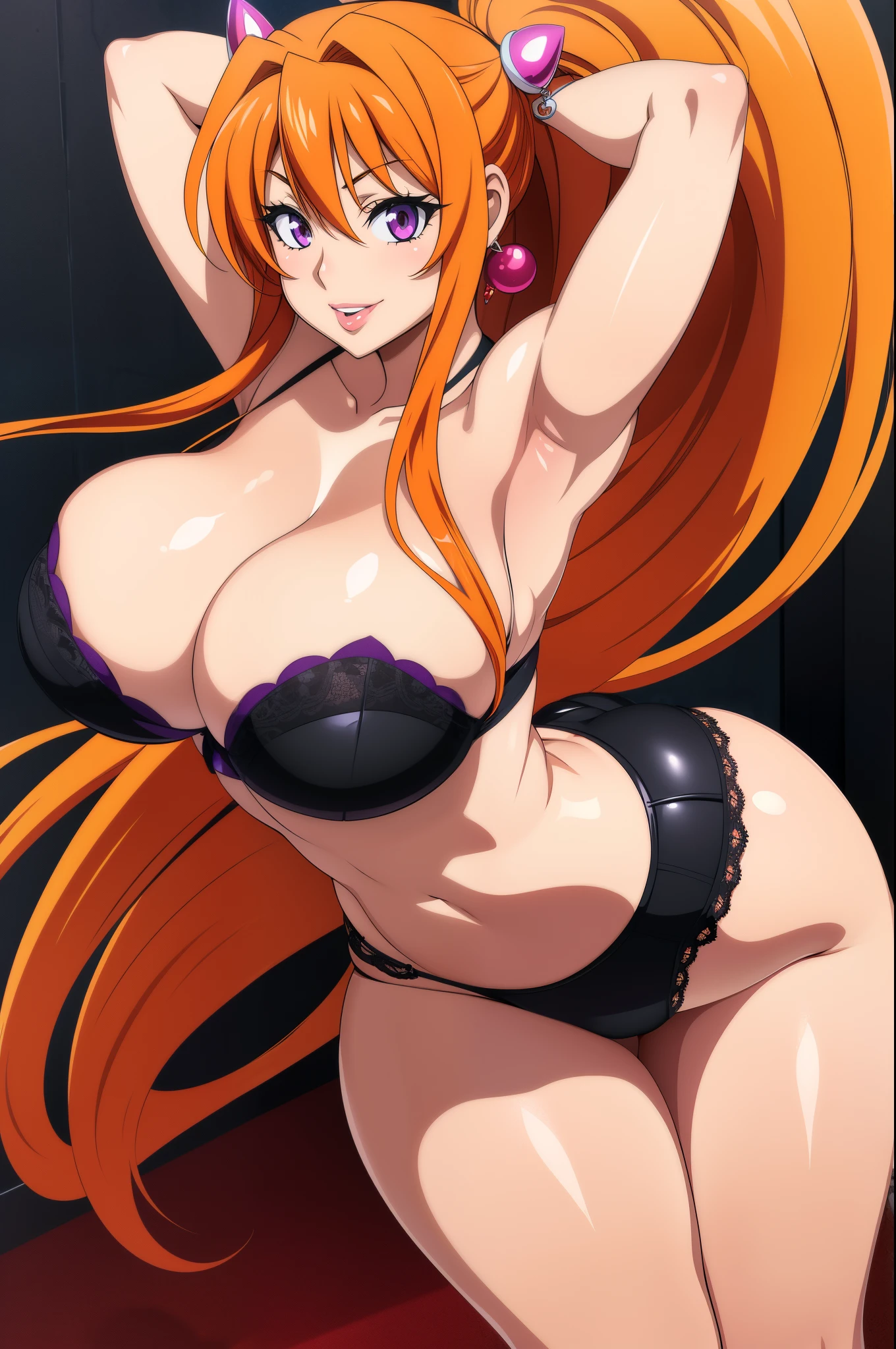 Highschool Dxd art style, Irina Shidou, 1girl, (((bimbo))), long orange hair, purple eyes, ear rings, puffy lips, painted lips, thick lips, wide hips, thick thighs, huge breasts, huge ass, revealing cleavage, erotic, Smile face, bubble butt, camel toe, huge breasts, black panties, black bra, arms up,