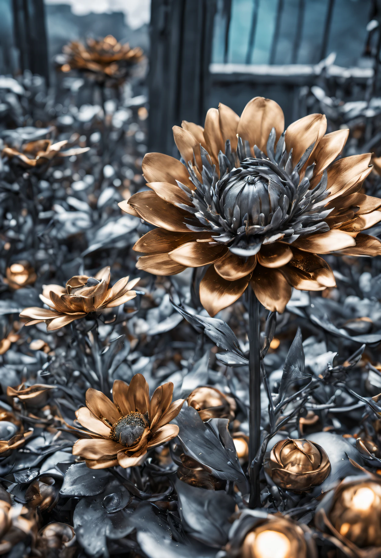 masterpiece, highly detailed, photography, RAW photo, focus shot, instagram able, (metallic flower:1.4) blooming in area full of metallic junk, dystopian theme, steel graveyard background, volumetric lighting, cold color, epic composition, epic proportion, HDR, bokeh