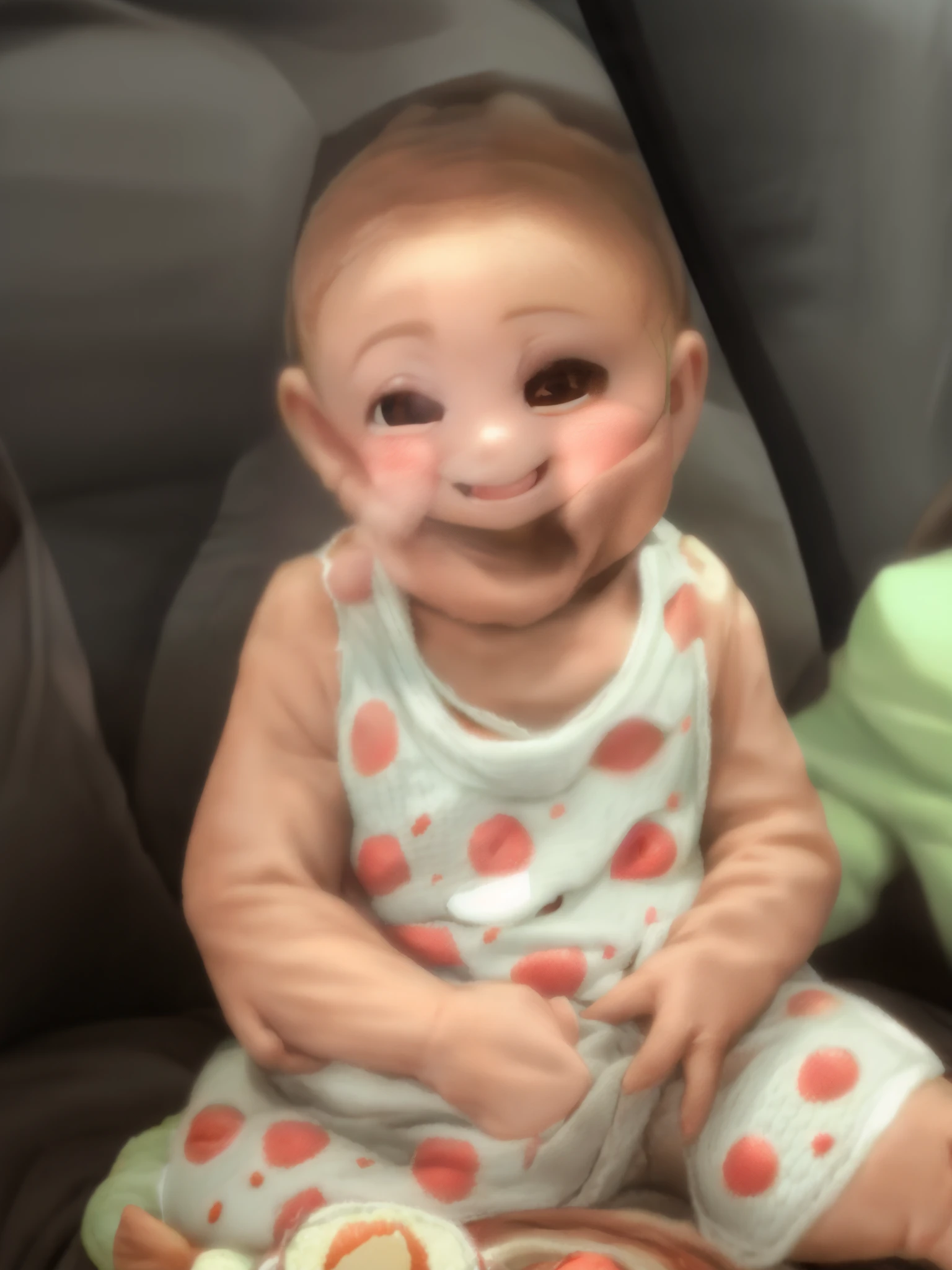 Smiling baby sitting on a sofa with a pair of shoes, she is smiling and excited, bonito e sorridente, grande sorriso em seu rosto, ela tem um rosto expressivo bonito, bochechas rosadas, happily smiling at the camera, she is smiling and happy, lovely smile, muito animado, babies in her lap, muito bobo olhando, sorriso bonito, sorriso insano, Violeta Myers