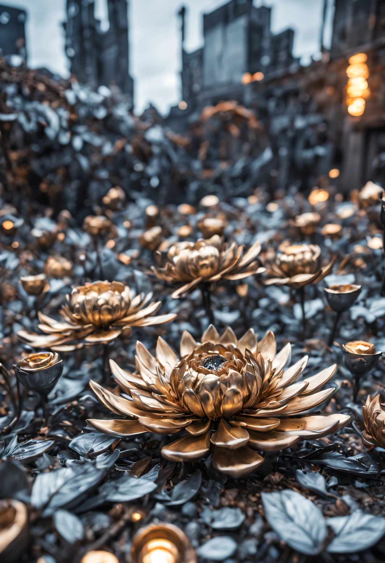 masterpiece, highly detailed, photography, RAW photo, focus shot, instagram able, (metallic flower:1.4) blooming in area full of metallic junk, dystopian theme, steel graveyard background, volumetric lighting, cold color, epic composition, epic proportion, HDR, bokeh