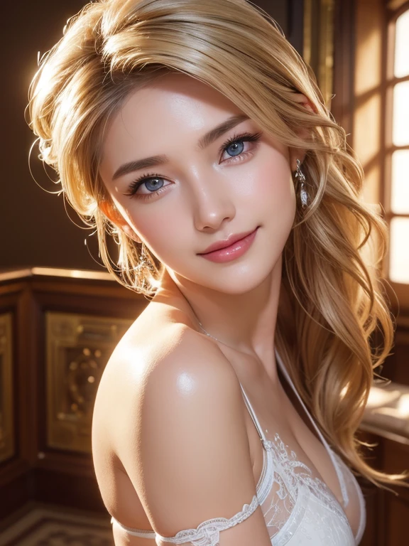 masterpiece,best quality,ultra-detailed,extremely detailed CG,unity 8k wallpaper,super detailed skinperfect anatomy,cinematic lighting,beautiful detailed eyes, raw photo,photo reality,( Beautuful Women,super beautiful face, european,1woman,shiny skin),Eine Amerikanerin、blond hear、a smile、Weiblich sexy、white lingerie