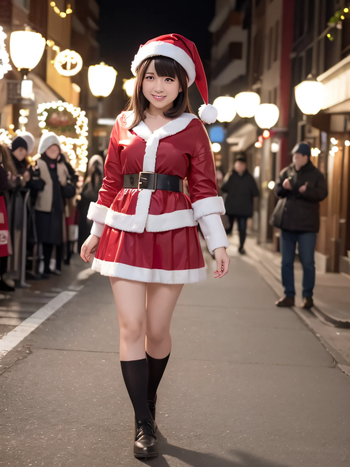 1人の女性、(8K, Best Quality, masutepiece:1.2), ( Photorealsitic:1.37), Ultra-detailed,Best Quality, 超A high resolution, Professional Lighting,Physically-based rendering, Cinematic lighting, masterpiece、top-quality、hight resolution、profetional lighting、(looking happy smile:1.3)、Christmas、authentic santa costume、skirt by the、illuminations、full body Esbian