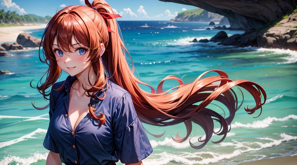 1girl, solo, beach, long hair, chestnut hair, curly hair, ponytail, large breasts, button down, blue bra, dark blue eyes, red shirt, ((unbuttoned shirt)), ((short sleeved shirt)), smile, looking at the viewer, running, hair ribbon