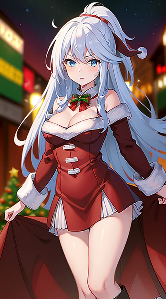 masterpiece, best quality, 1 solo girl, silver hair, blue eyes, long hair, wavy hair, Christmas ornaments, medium breasts, mature body and face, red santa dress, christmas, christmas light, christmas tree, red gloves, red santa skirt, holding gift, red bra, red panty, leg up, cowboy shots, sexy pose, dakimakura, detailed body, face, and eyes, sharp focus, vibrant, creative, dynamic, high definition, high resolution, 8k, (Upscale: R-ESRGAN 4x+ Anime6B), (Image enchance:4x), voluptuous body, ponytail, hair braid