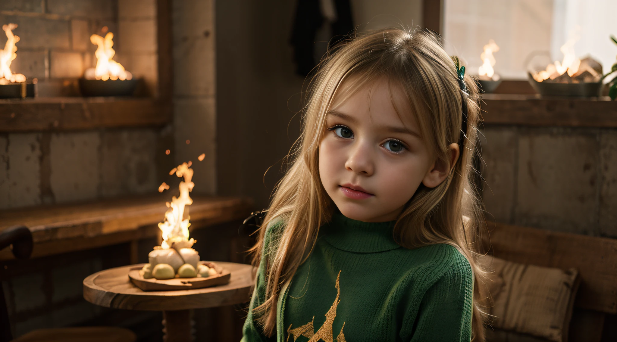 Russian blonde girl ,halo on fire CHILD girl with long hair wearing a green sweater and muffled black ears.