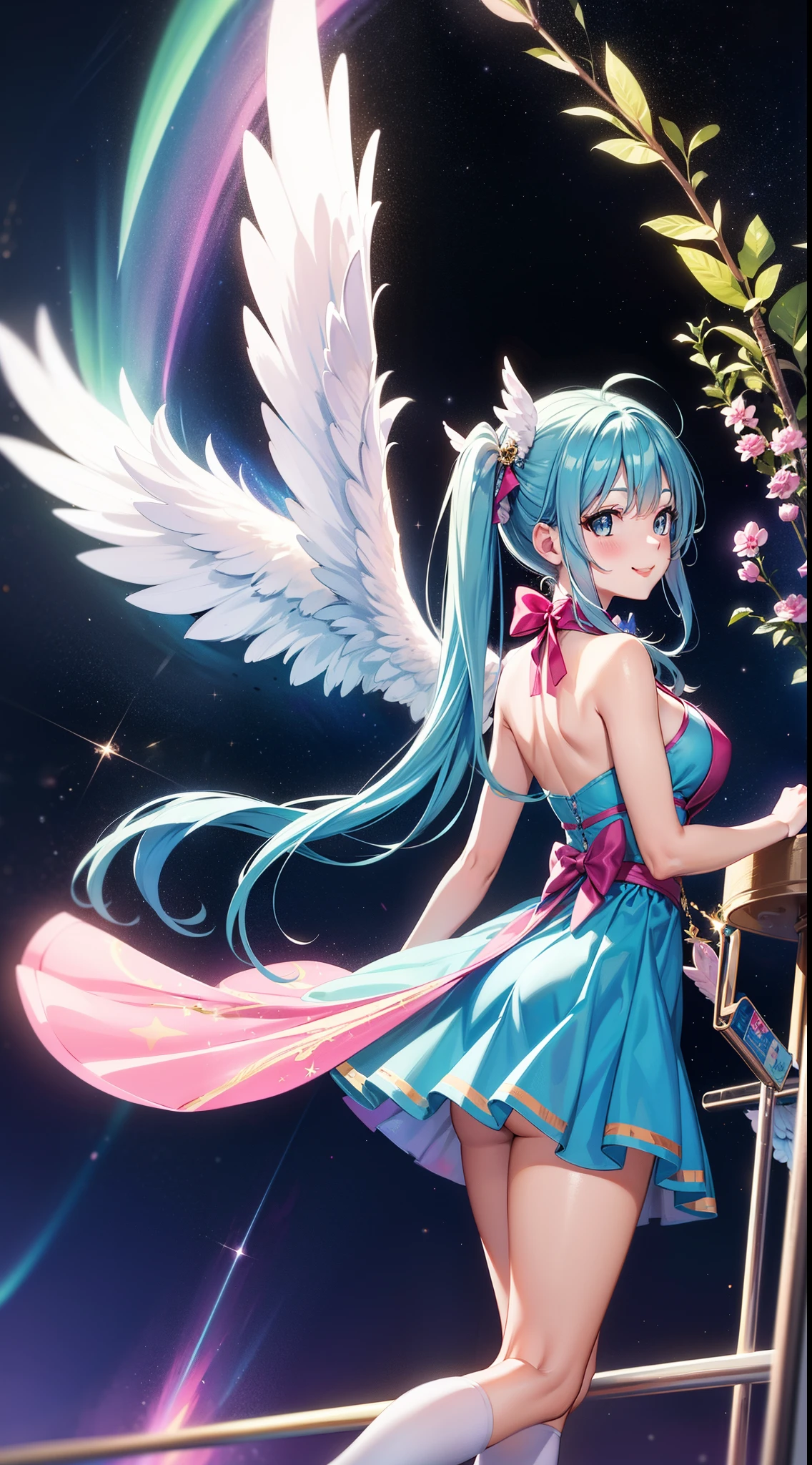 Super Idol　a beauty girl　A charming smile　sky blue hair　length hair　Twin-tailed　Glittery bright pink and white and blue and yellow outfit　facing front　Angel wings on background　cart　Mystical　Fantasia　constellation　a moon　Crystal Brilliance　Aurora Borealis in the Night Sky