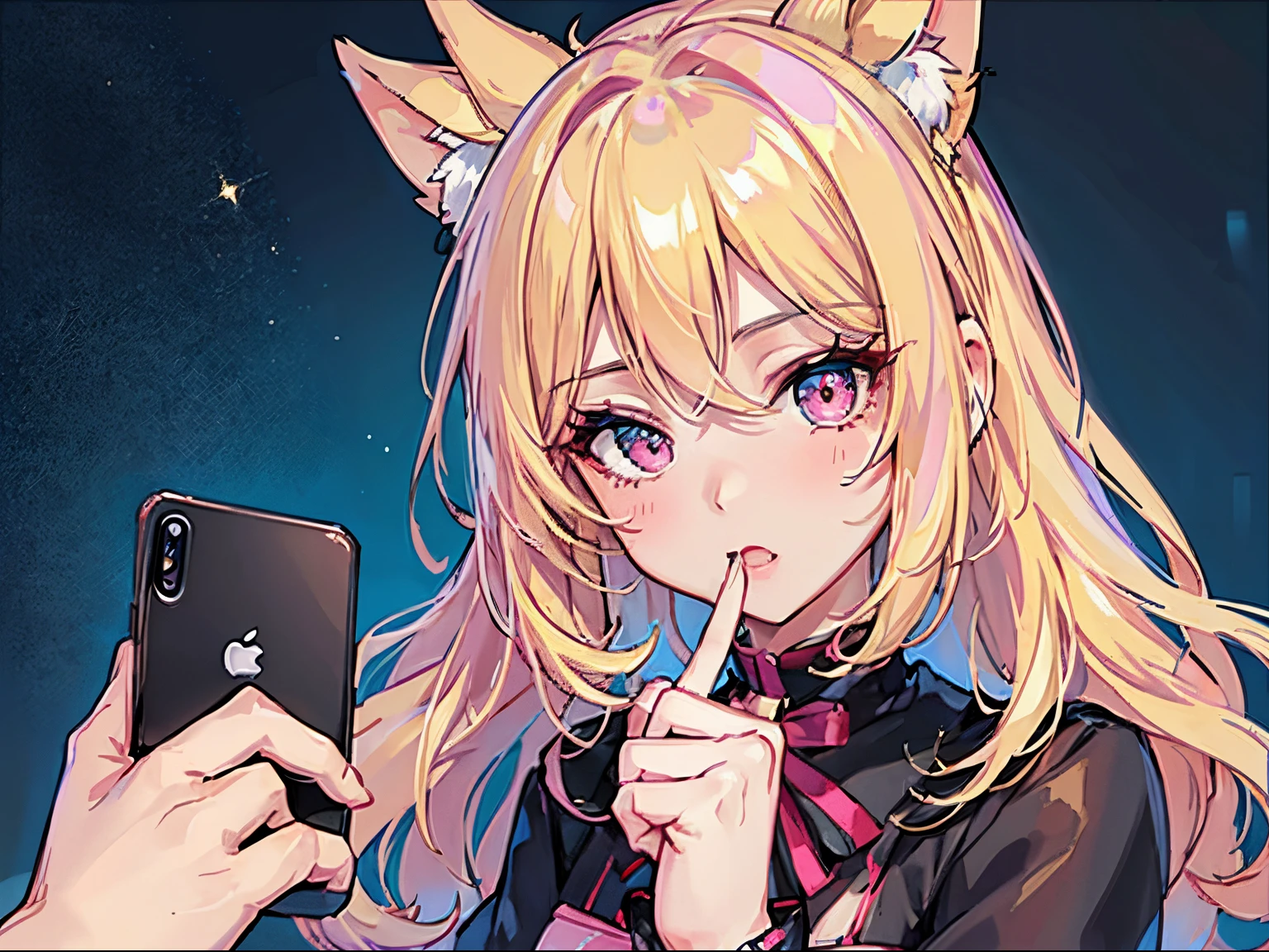 1boy,Hands to shoot、POV, Hold up your smartphone screen、Girl on smartphone screen、Smartphone screen in front of the screen、Smartphone Focus、1girll、Girl in the back、Blonde Gal、Fancy makeup、Shiny pink bed、