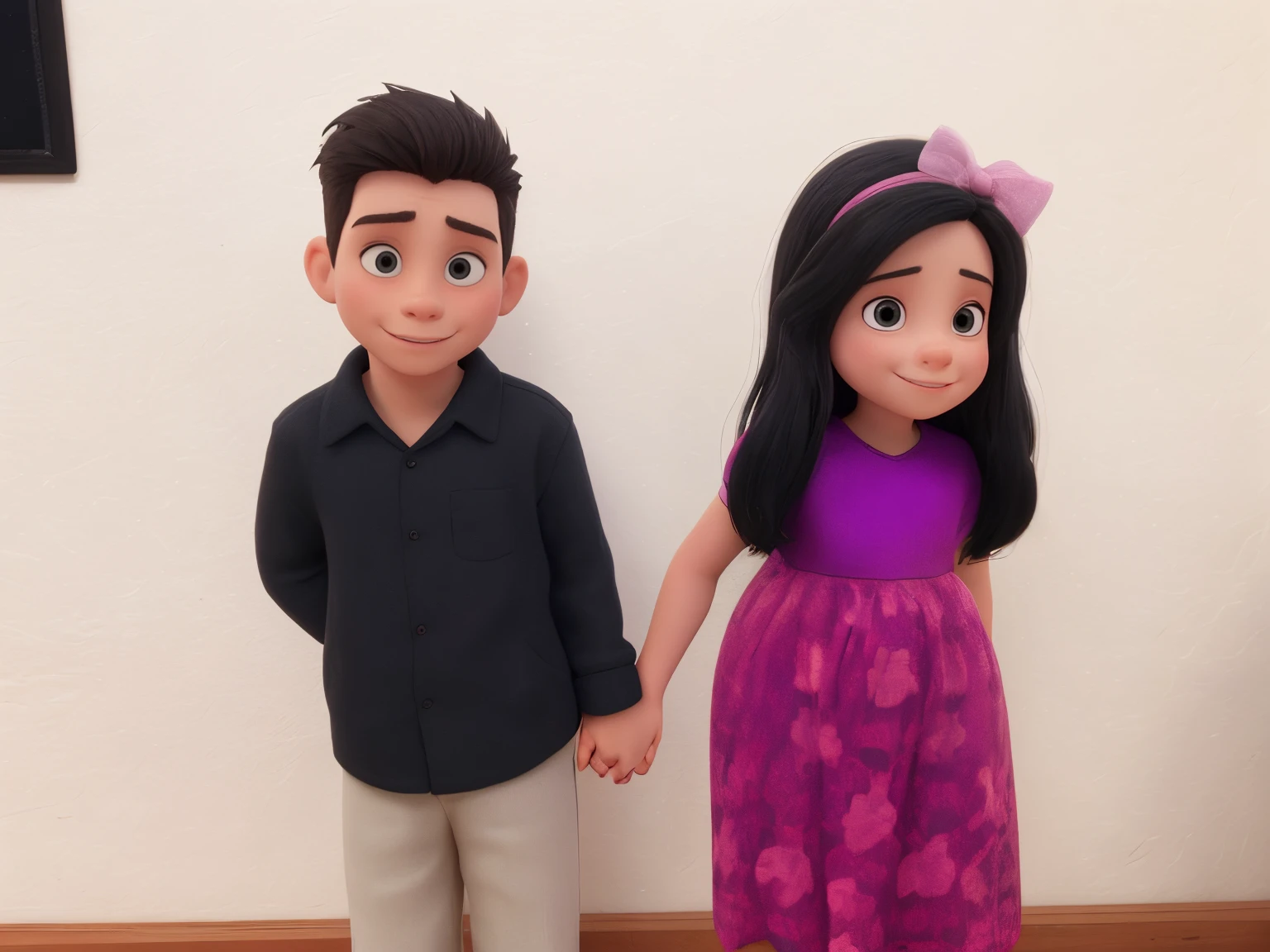 The boy on the left is wearing a black shirt this boy very cute and handsome boy and the littleon the right is wearing a matching pink dress She is very white and beautiful. Cute little boy ae little girlThey boled happily