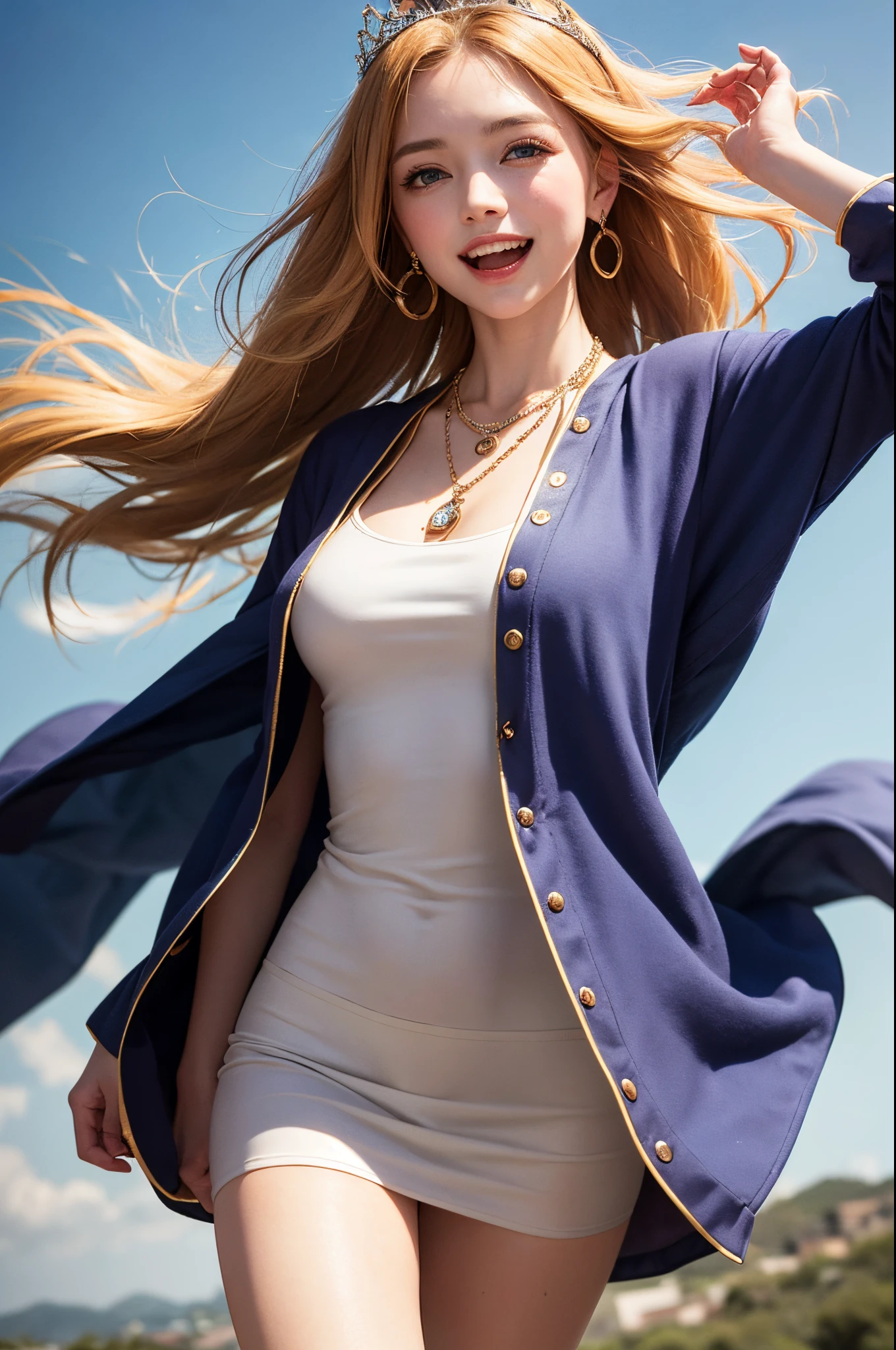Young goddess, (Her clothes are all flipping up by extremely strong wind:1.4), (wearing robe, tiara, necklace, blonde hair, blue eyes), (background random great nature), (laughing, big smiling), ((dramatic lighting:1.3), surrealism, god rays), ((masterpiece, 8K highest resolution)), wide view