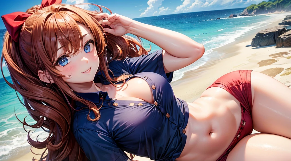 1girl, solo, full body, beach, long hair, chestnut hair, curly hair, ponytail, large breasts, button down, blue bra, dark blue eyes, red shirt, ((opened shirt)), ((short sleeved shirt)), smile, looking at the viewer, running, hair ribbon