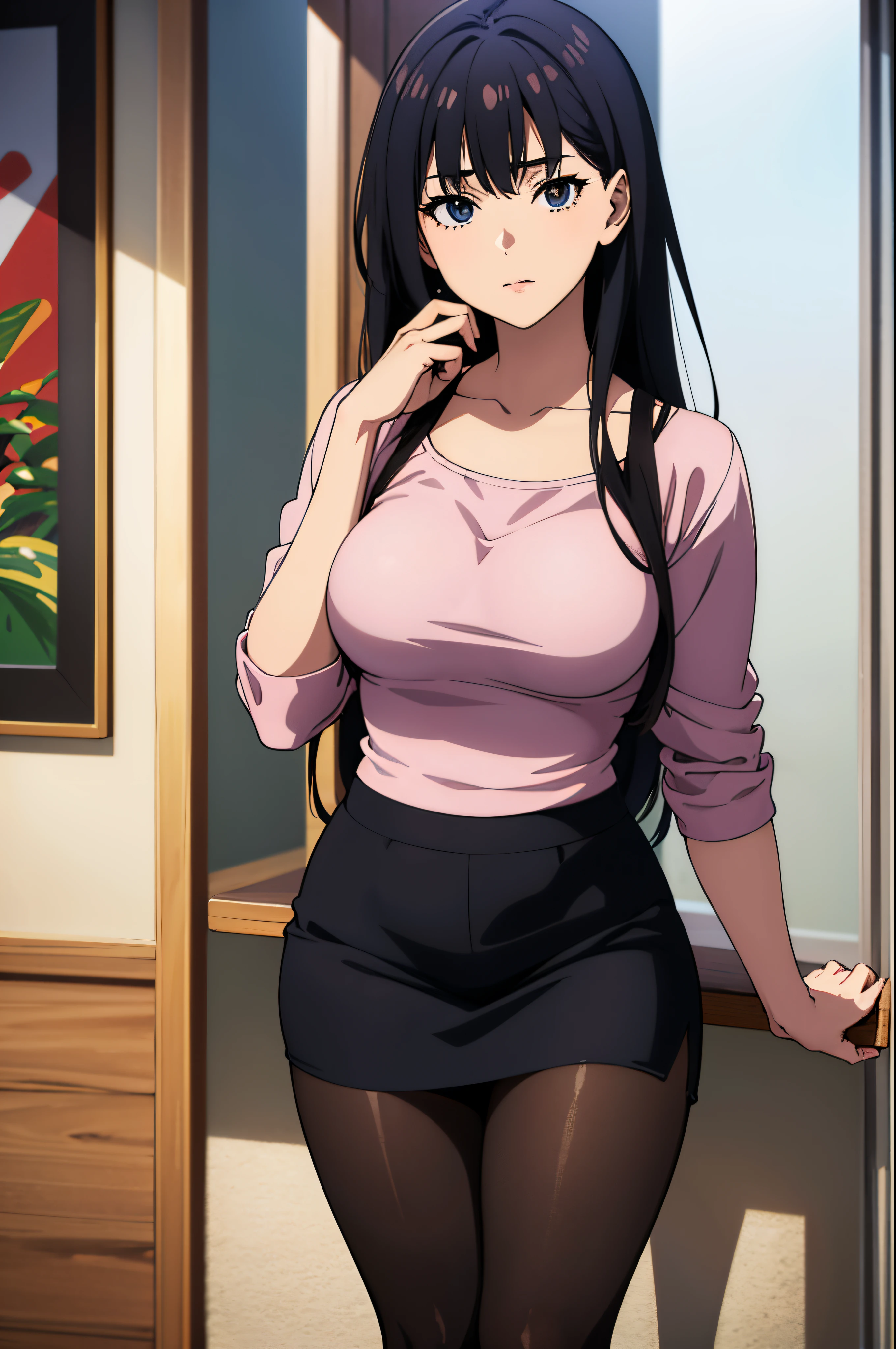 Woman wearing hip skirt and black stockings posing for photo, The head is not exposed，[ 4K realism ]!!, [ 4K realism ]!!!, [ 4K digital art ]!!, Realistic shadow perfect body, realisticlying!!!!!!! art-style, photorealistic anime, by Shitao, Popular topics on cgstation, Casual pose, realistic anime 3D style