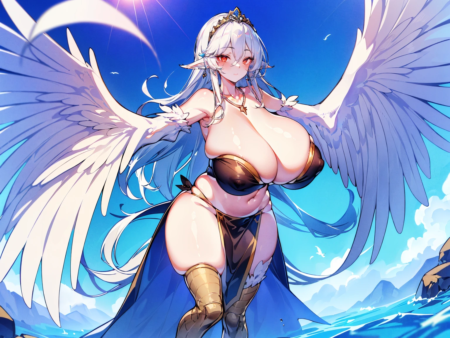 (master piece,best quality,extemely detailed,absurd res,CG,8k,ultra high res:1.3)，（（harpy))，((White wings)),((Bird wings))，((bird legs)),((bird tail））,（（Paw ）），1 girl, Solo, White hair,long hair， Brown eyes, Glowing eyes, (No Pupil), face markings, Armor, Bikini, hair ornaments, necklace，tiara，forehead jewel, sky, Flying,Daylight sky，Animal,full shot，strapless，Pelvic curtain，（（gigantic cleavage breasts, voluptuous, Curvy, Hanging breasts, Deep cleavage））